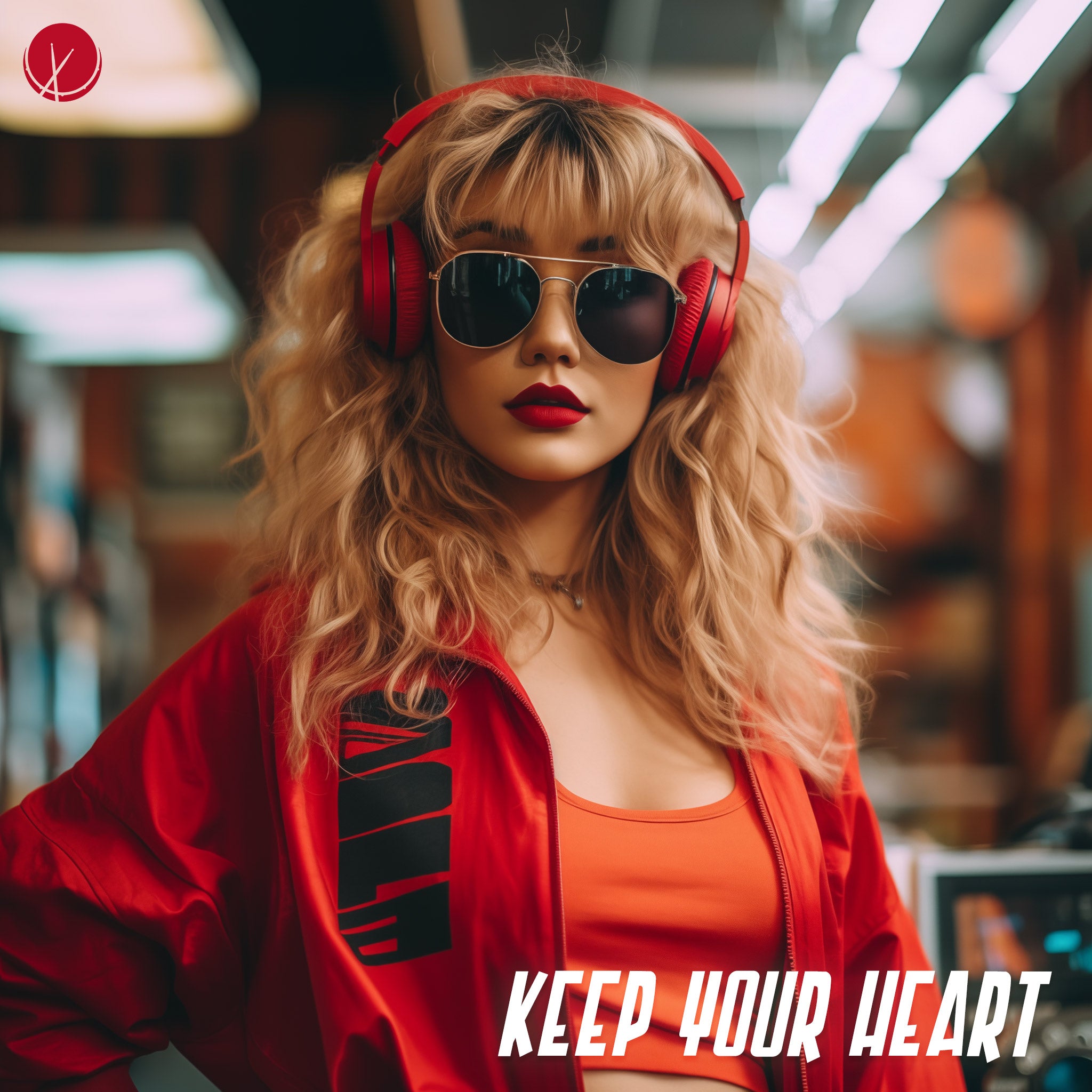 Keep Your Heart: Woman in a red jacket and t-shirt, wearing red headphones and sunglasses in MTV style.