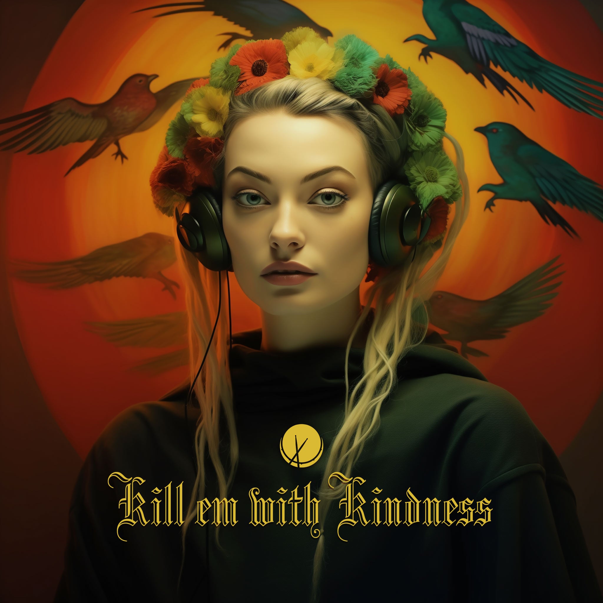 Reggae cover art titled "Kill 'Em with Kindness" featuring a blonde woman wearing headphones and colorful flowers. She is adorned in a green cotton hooded sweater, with birds and gradient orange and yellow lighting behind her in a circular shape, creating a captivating and positive ambiance.