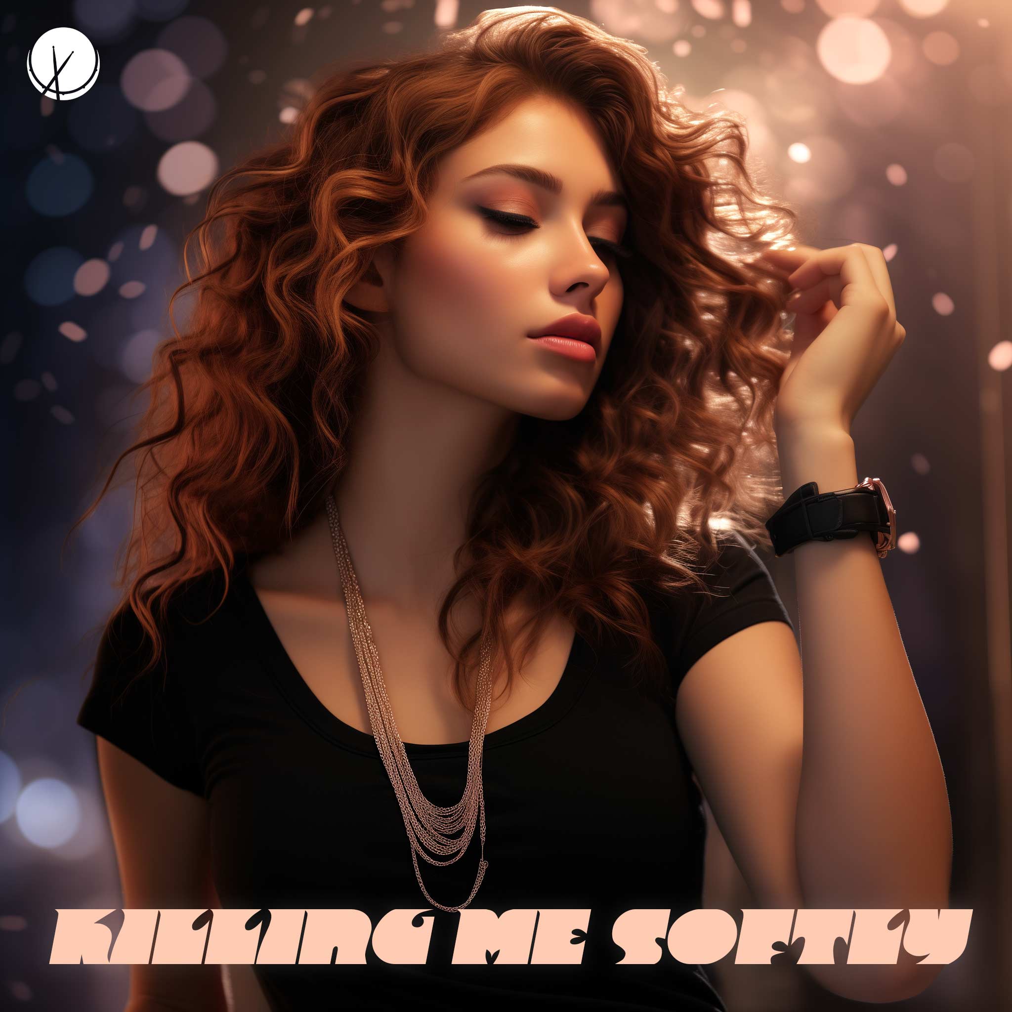 Killing Me Softly: Pretty woman with wavy reddish-brown hair, black shoulder-length t-shirt, rose gold necklace, and watch. Bokeh background - High-quality illustration.