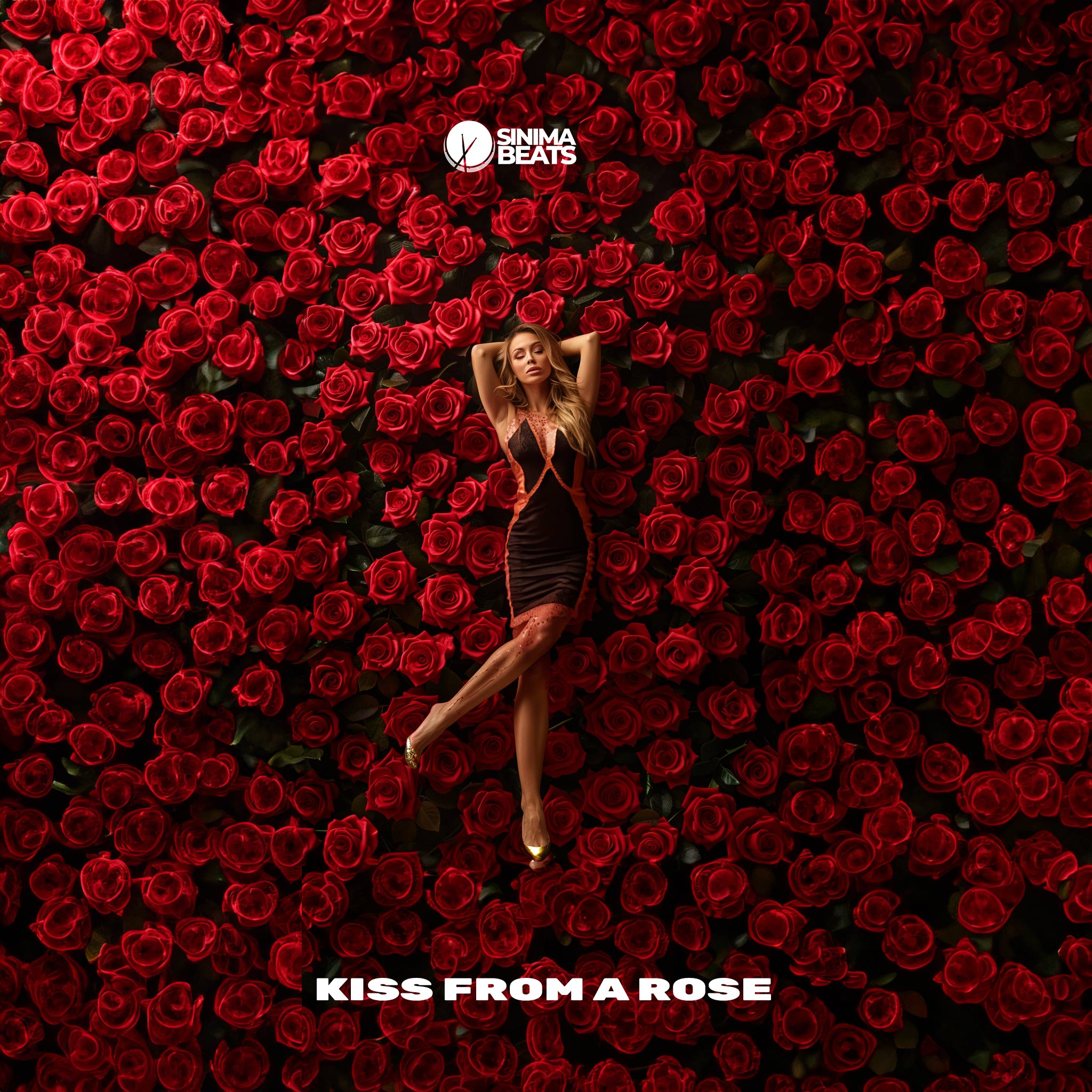 Beautiful Blonde Woman in Fitted Dress and Golden Heels Laying on Massive Bed of Roses - Kiss from a Rose Cover Art