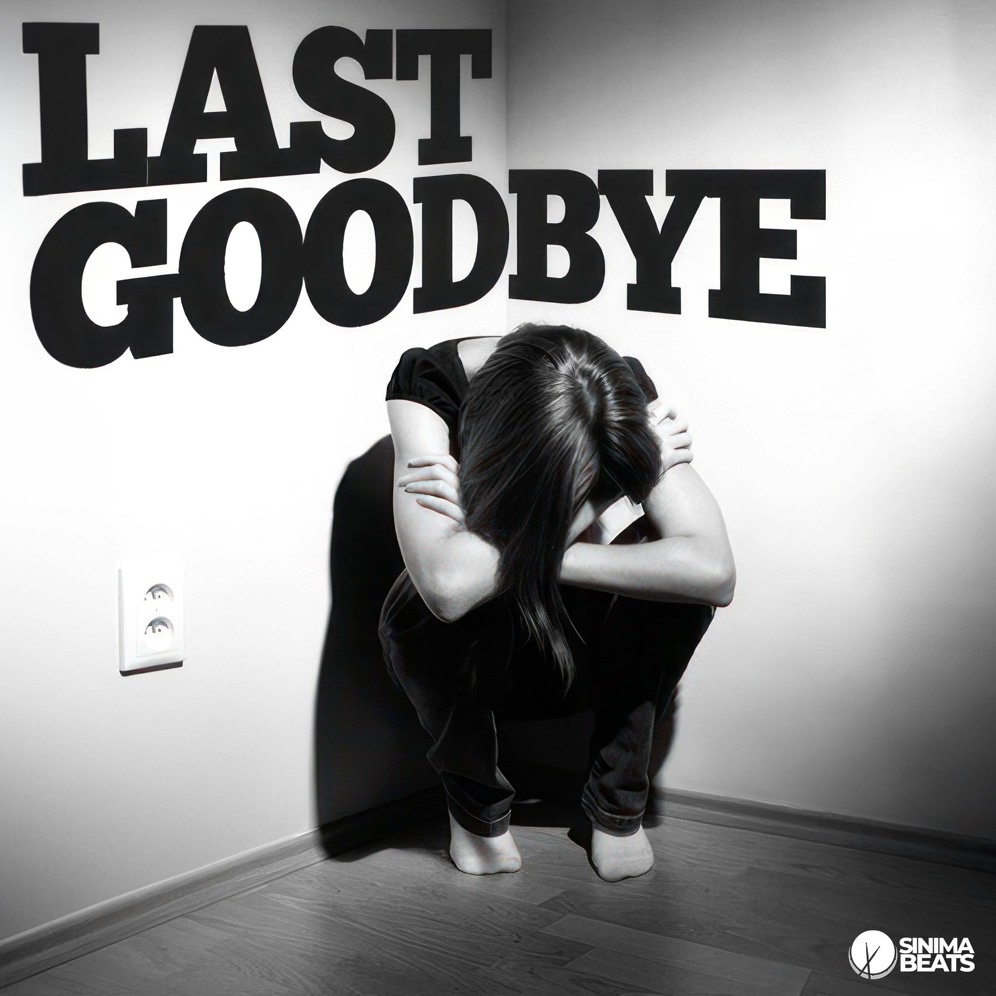 Last Goodbye - Sad Girl Crouched Down in Corner of Room, Hardwood Floors, Grayscale Image, Title Text Conforming to the Walls