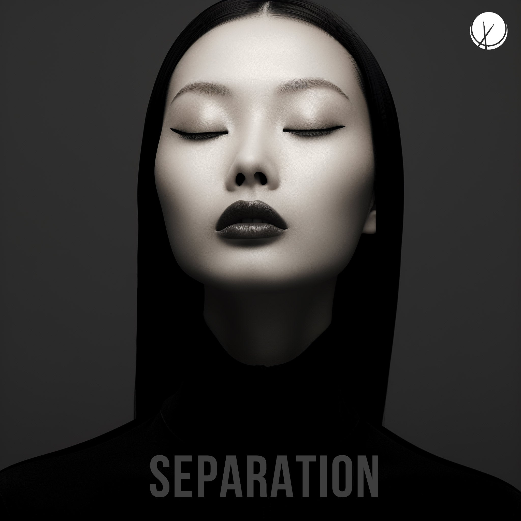 Close-up grayscale photography of a lean Asian woman with straight long black hair. Her eyes are closed, creating a sentimental atmosphere. Title: "Separation."