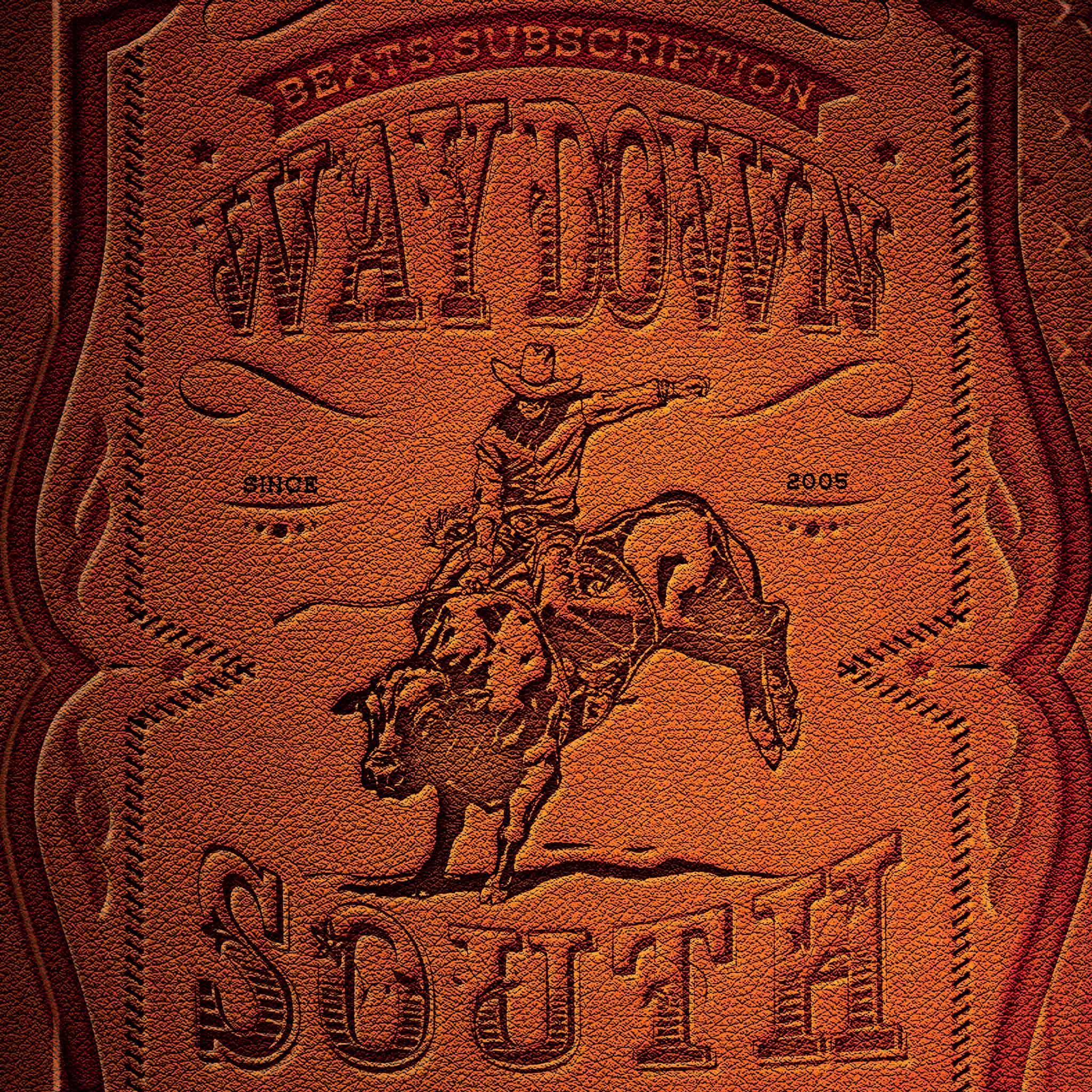 Leather background with etched country design elements featuring a cowboy riding a bull with a lasso. Title: "Way Down South."