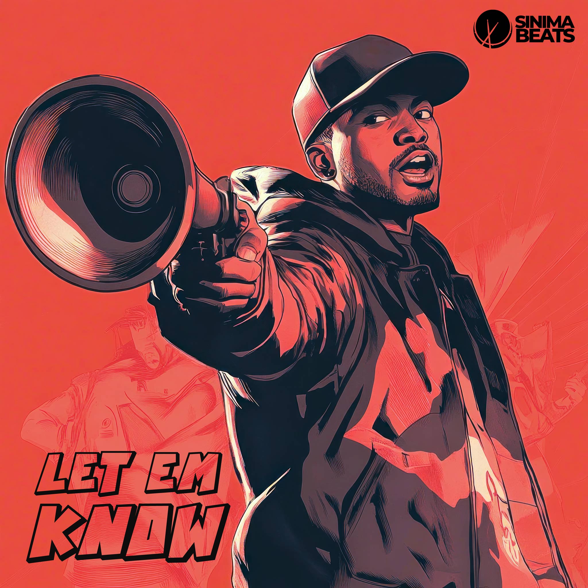 Rapper Wearing a Baseball Cap Holding a Bullhorn Like a Pistol Comic Book Style Illustration Red Background - Let Em Know