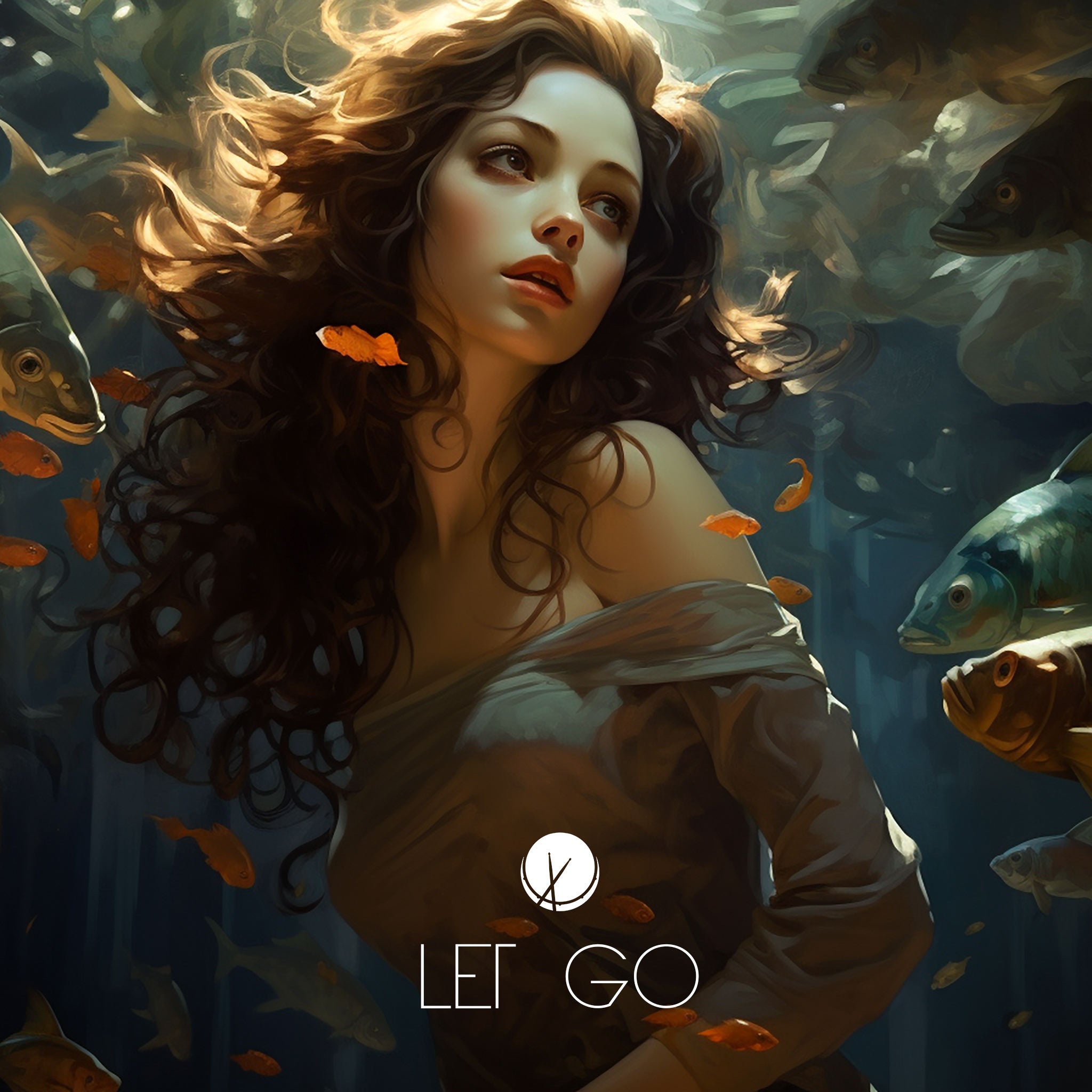 Dreamlike illustration titled "Let Go" featuring a woman in a gray dress looking up in a serene underwater scene. Fish swim around, creating a tranquil atmosphere as the woman embraces a moment of letting go.