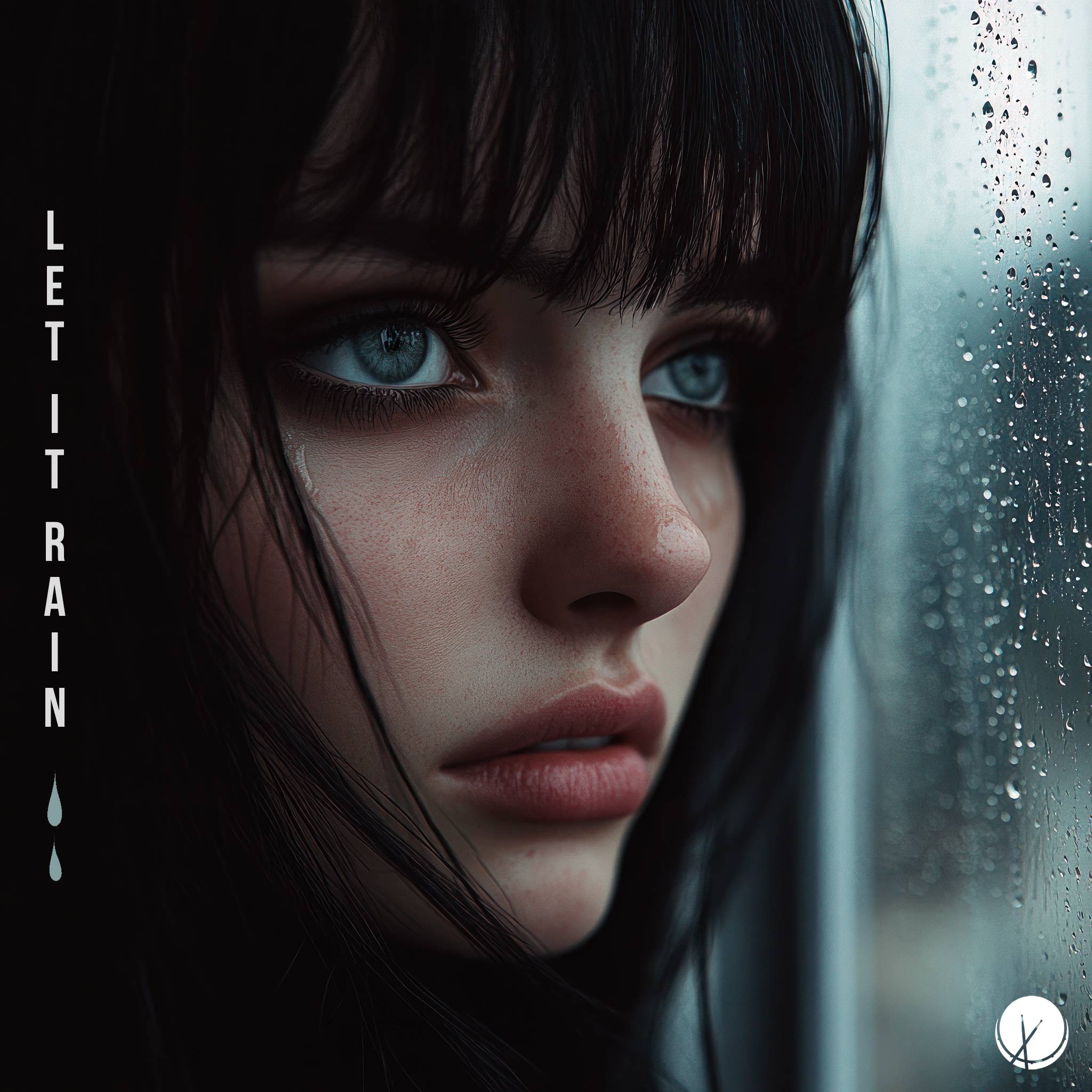 Girl Close-Up Face Black Bangs Gray Eyes Looking Out Window Rainfall - Let It Rain