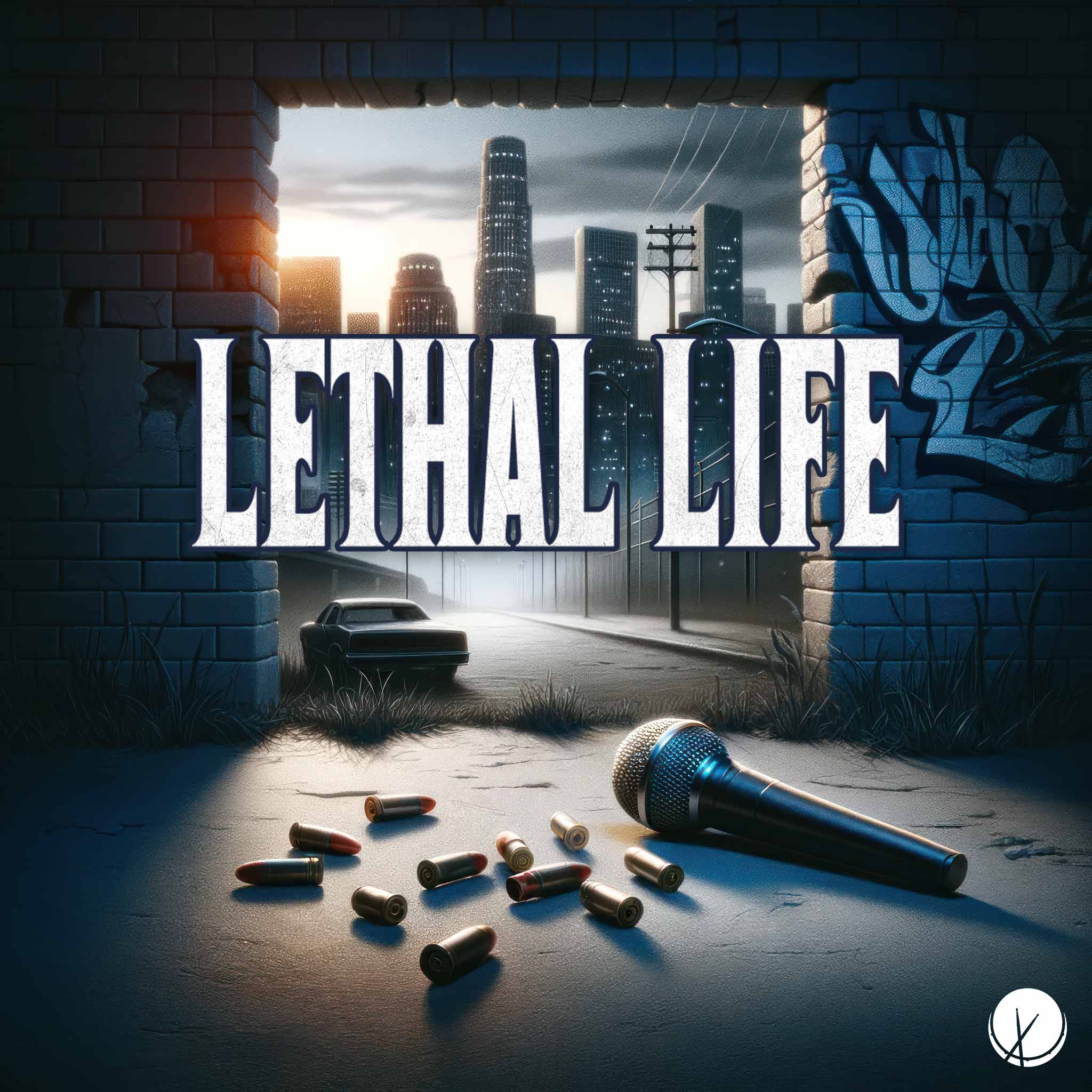 CGI illustration of a microphone surrounded by scattered bullet shells on the ground, an abandoned car, and an urban street skyline at night, capturing the intense atmosphere of 'Lethal Life.'