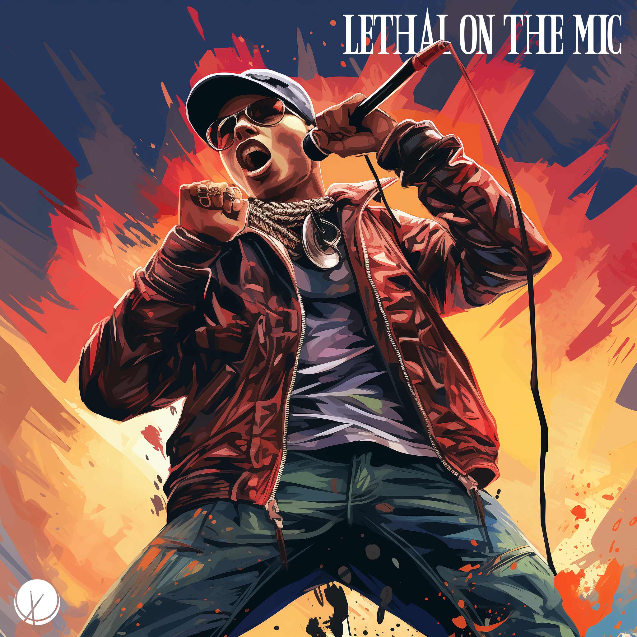 Lethal on the Mic: Rapper wearing baseball cap and sunglasses, illustration, holding microphone. Dangerous scene with an explosive background and vibrant colors.