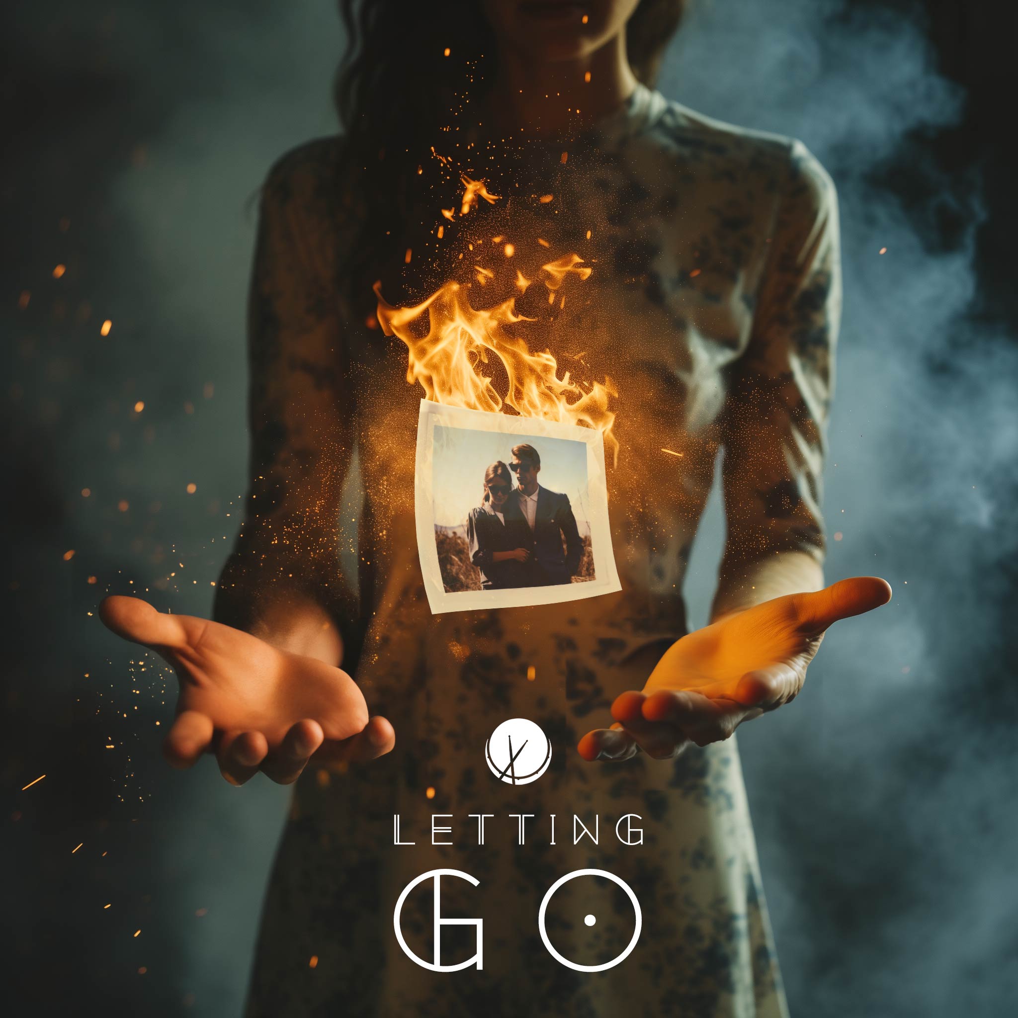 Captivating scene titled "Letting Go" featuring a woman in a flowery dress with palms up. Above her hands floats a polaroid image of a young couple, evoking a sense of release and nostalgia in a serene setting.