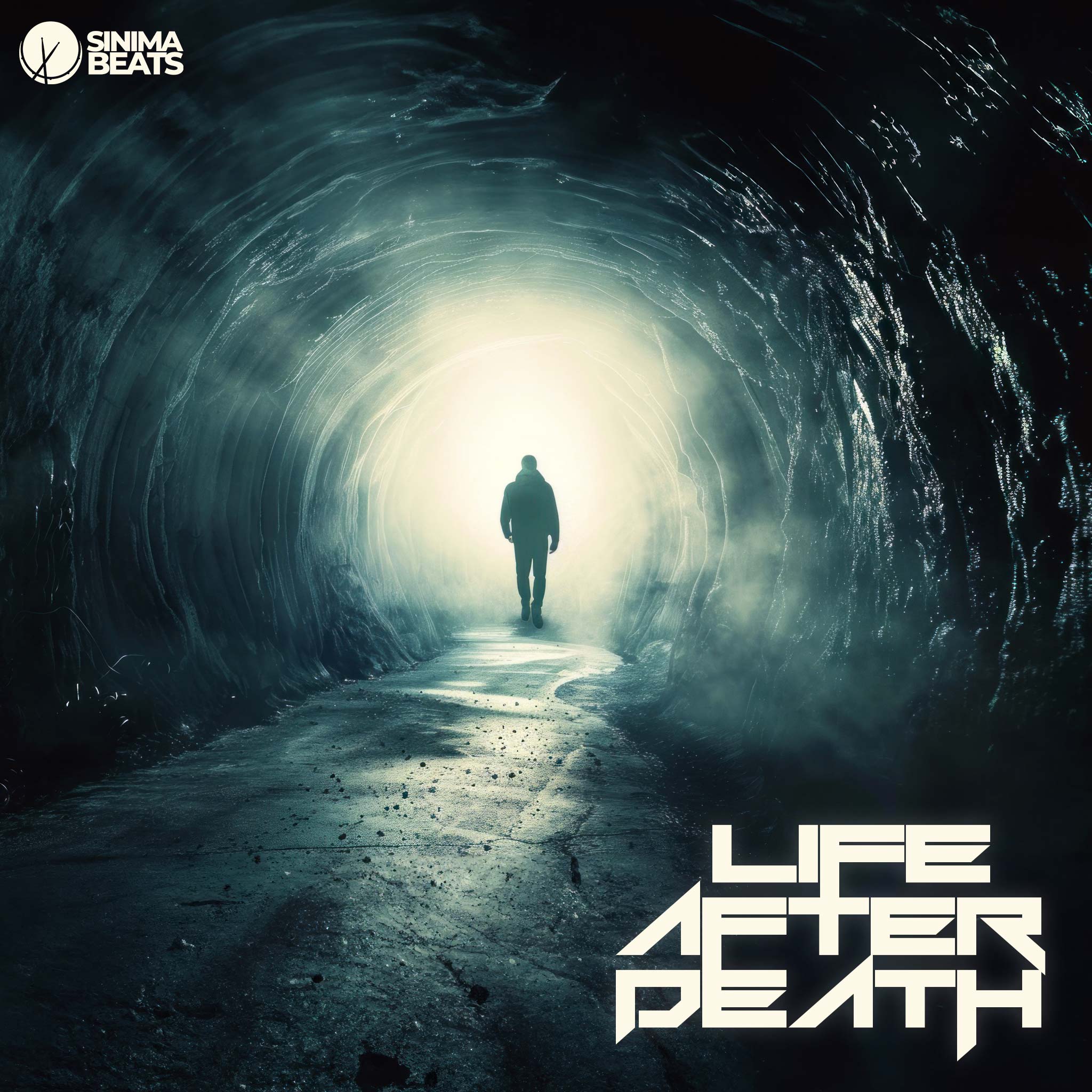 Silhouette of a Man Walking Towards a Tunnel of Light with a Green Hue for a Midwest Rap Cover Art - Life After Death.