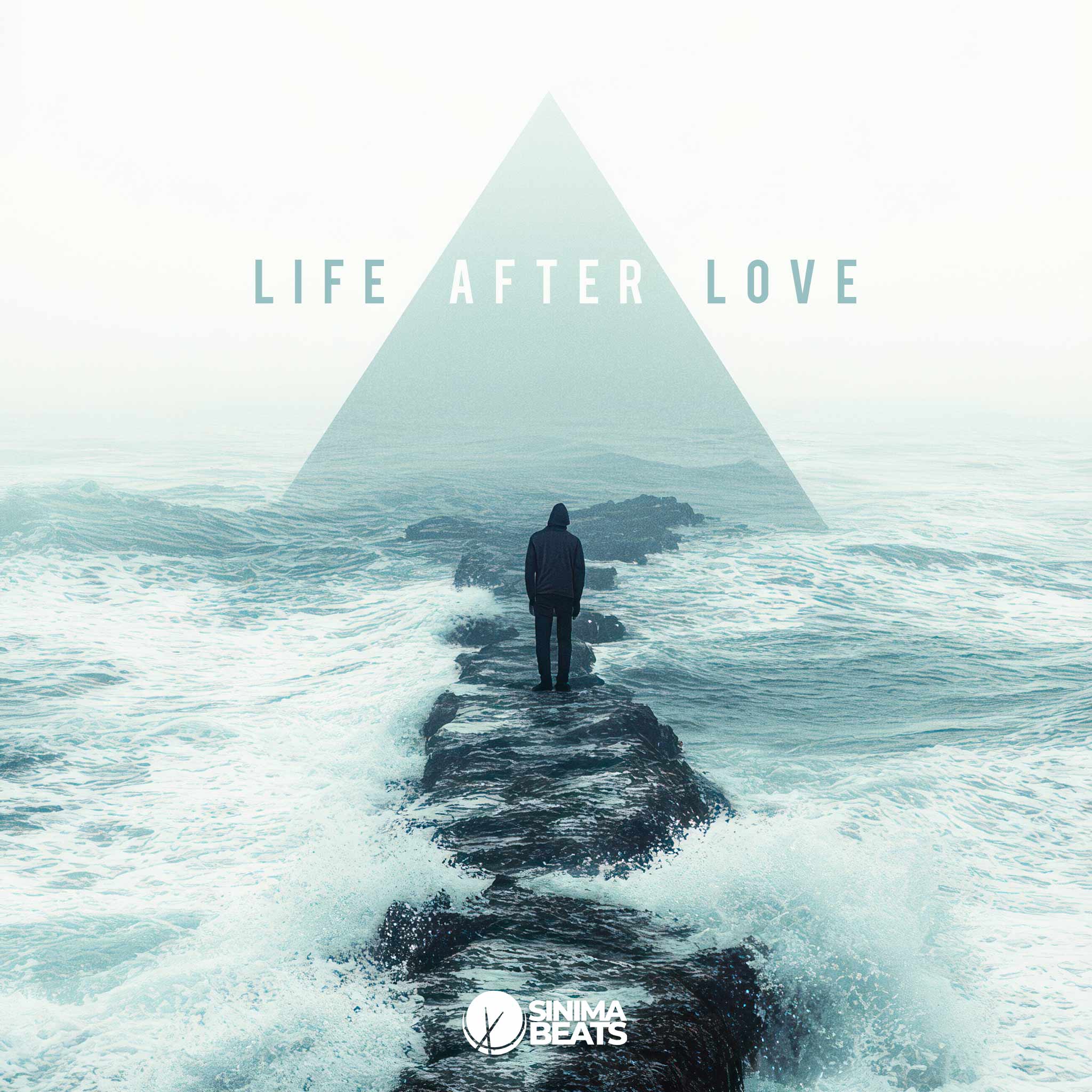 A man stands alone at a distance on jagged rocks leading to a vast ocean, facing a large triangle structure ahead. The scene is bathed in a cyan hue, creating an ambient, melancholy atmosphere that evokes feelings of sadness and reflection. Cover art titled 'Life After Love' conveys deep emotion through its minimalist yet powerful composition. - Life After Love