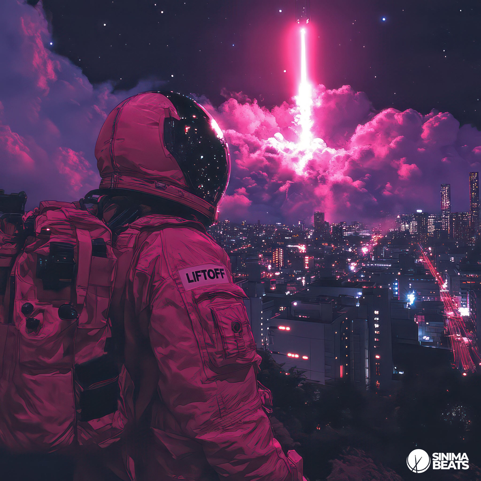 Illustration of an astronaut standing on the edge of a city at night, gazing into the sky as a rocket ascends in the distance. The scene captures the awe-inspiring moment of liftoff with twinkling city lights below.