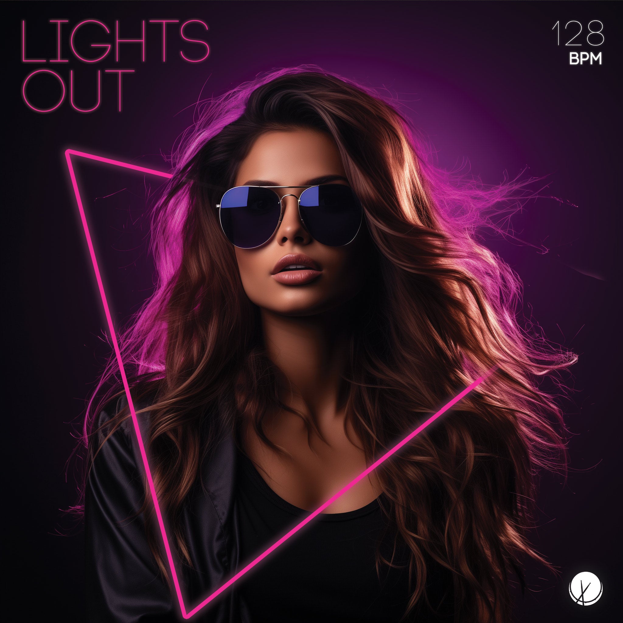 Lights Out: Neon Triangle Around a Fashion Model, Brunette, Wearing Sunglasses, with Purple Glow Behind Her - EDM Cover Art.