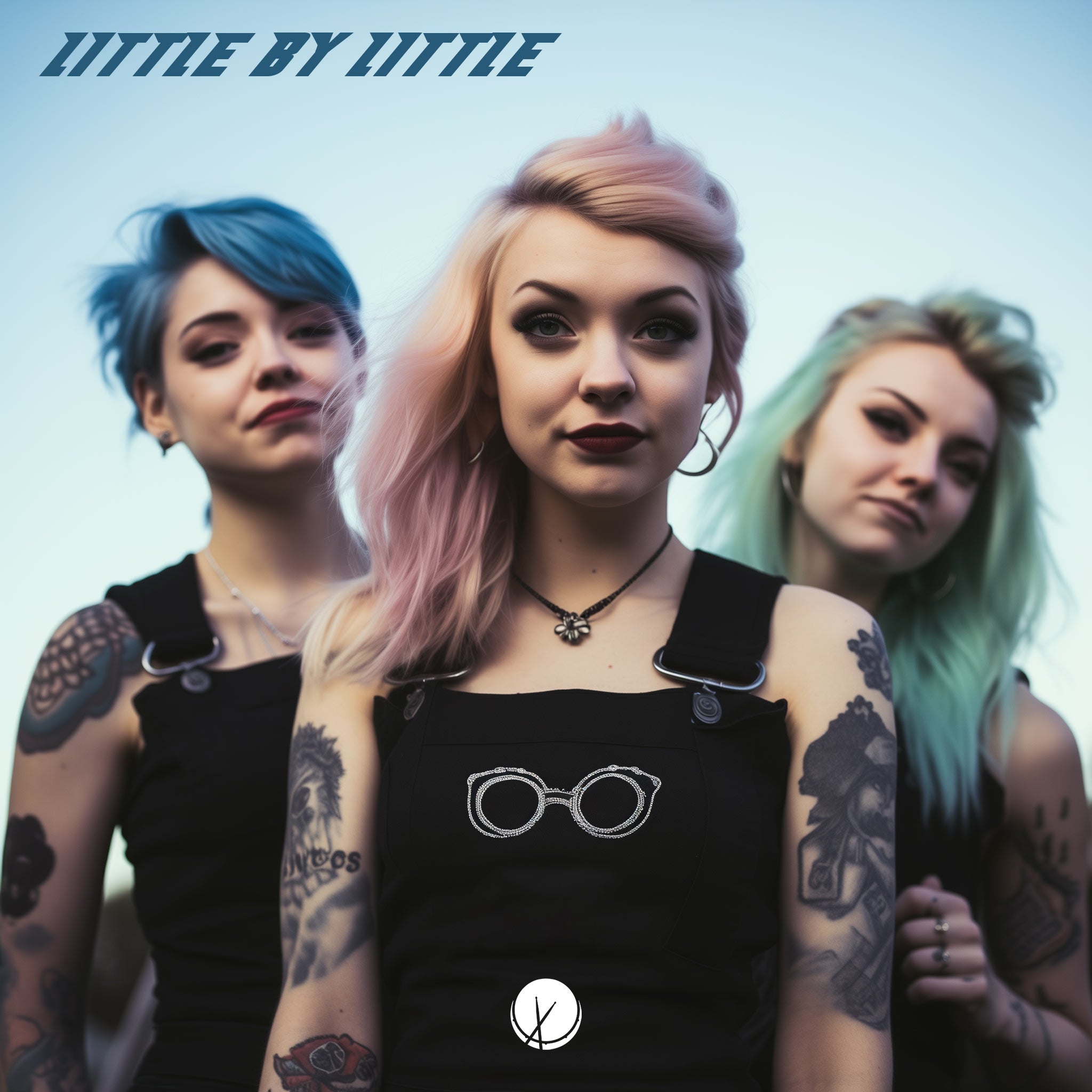 Pop goes punk cover art titled "Little by Little" featuring three girls with dyed hair in pink, green, and blue. They are wearing black clothing and goth makeup, creating a bold and vibrant daytime outdoor scene.