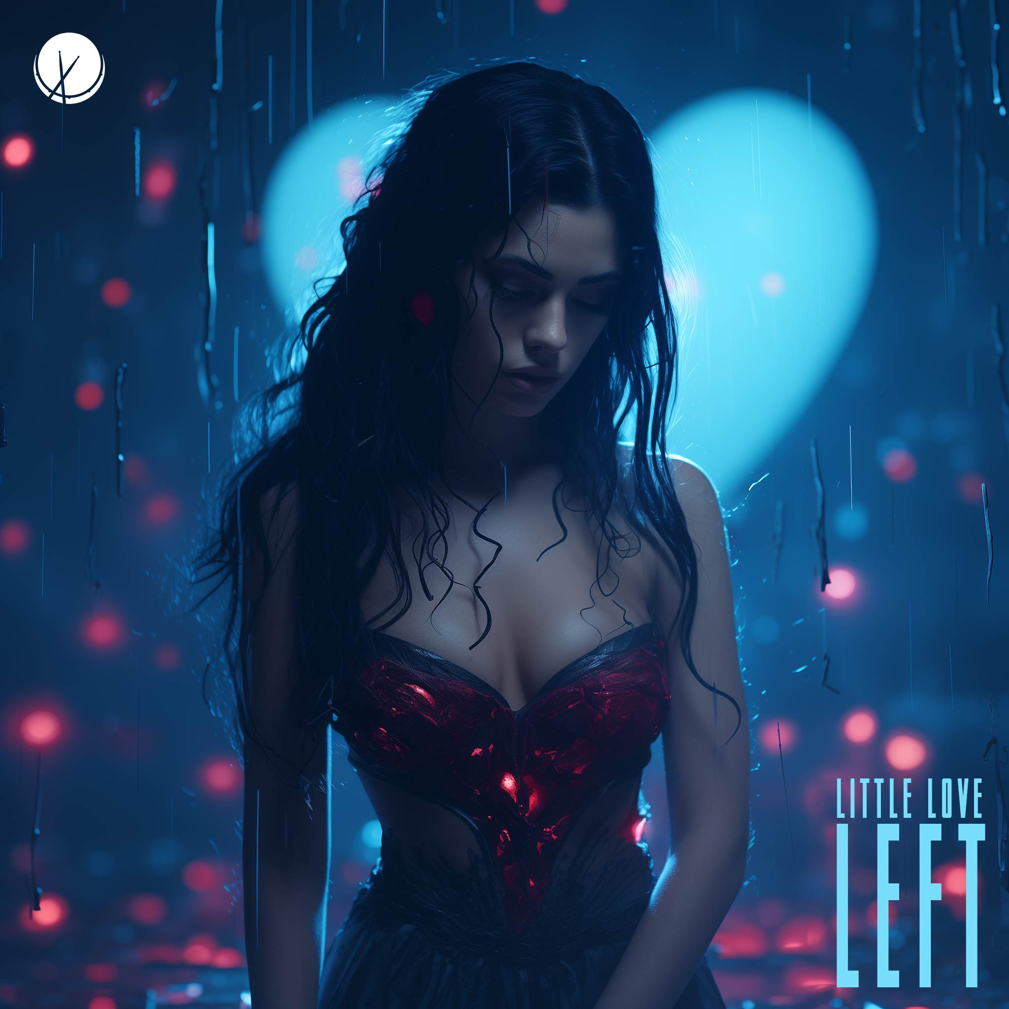 Little Love Left: Sad Woman with Dark Hair, Long Fitted Dress, Looking Down - Illuminated Blue Light in Background Shaped Like a Heart.