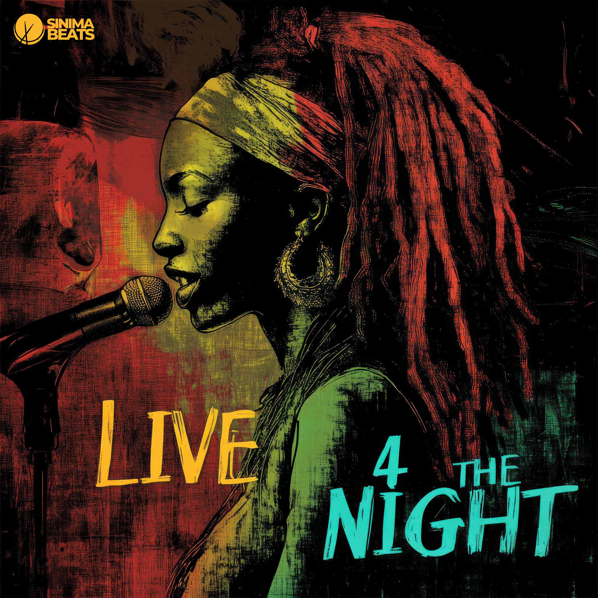 Cover Art Design for Reggae Pop Instrumental Featuring a Jamaican Woman with Long Dreads, Textured Illustration in Orange, Teal, Green, and Red Colors - Live 4 the Night.