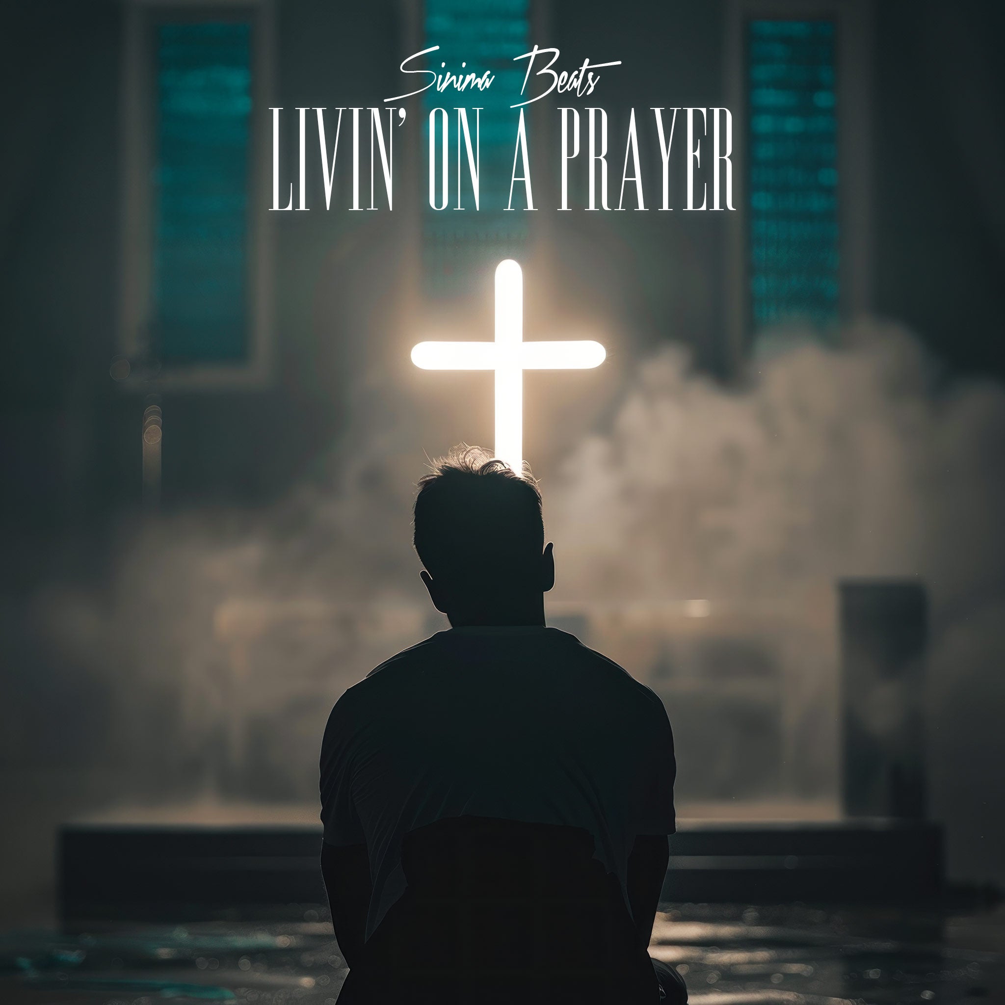 Man Sitting and Facing an Illuminated Cross, Praying in a Church Setting - Livin' on a Prayer.