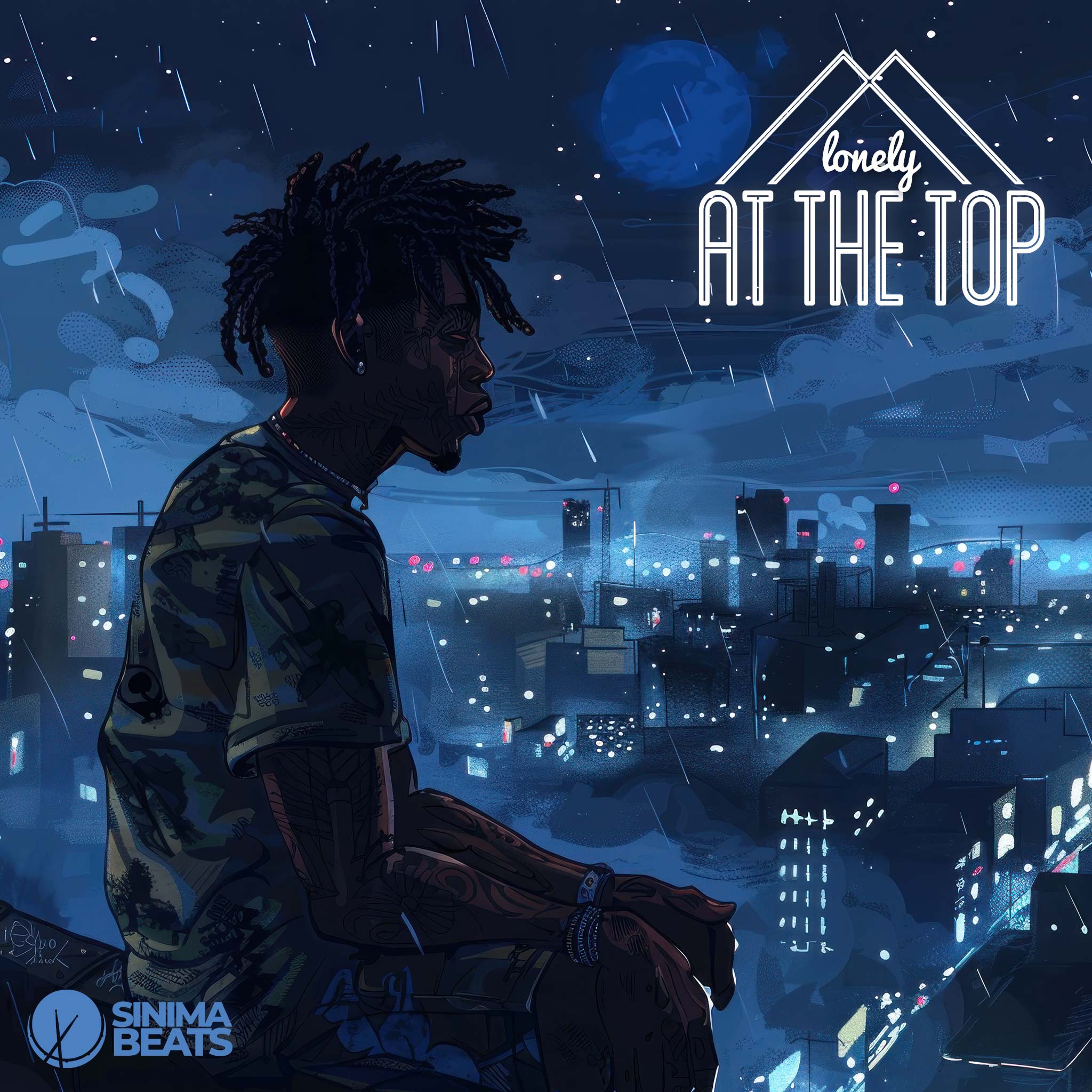 Rapper Sitting on a Rooftop at Night in the Rain, Depicting the Hustler's Spirit - Lonely at the Top Trap Cover Art.