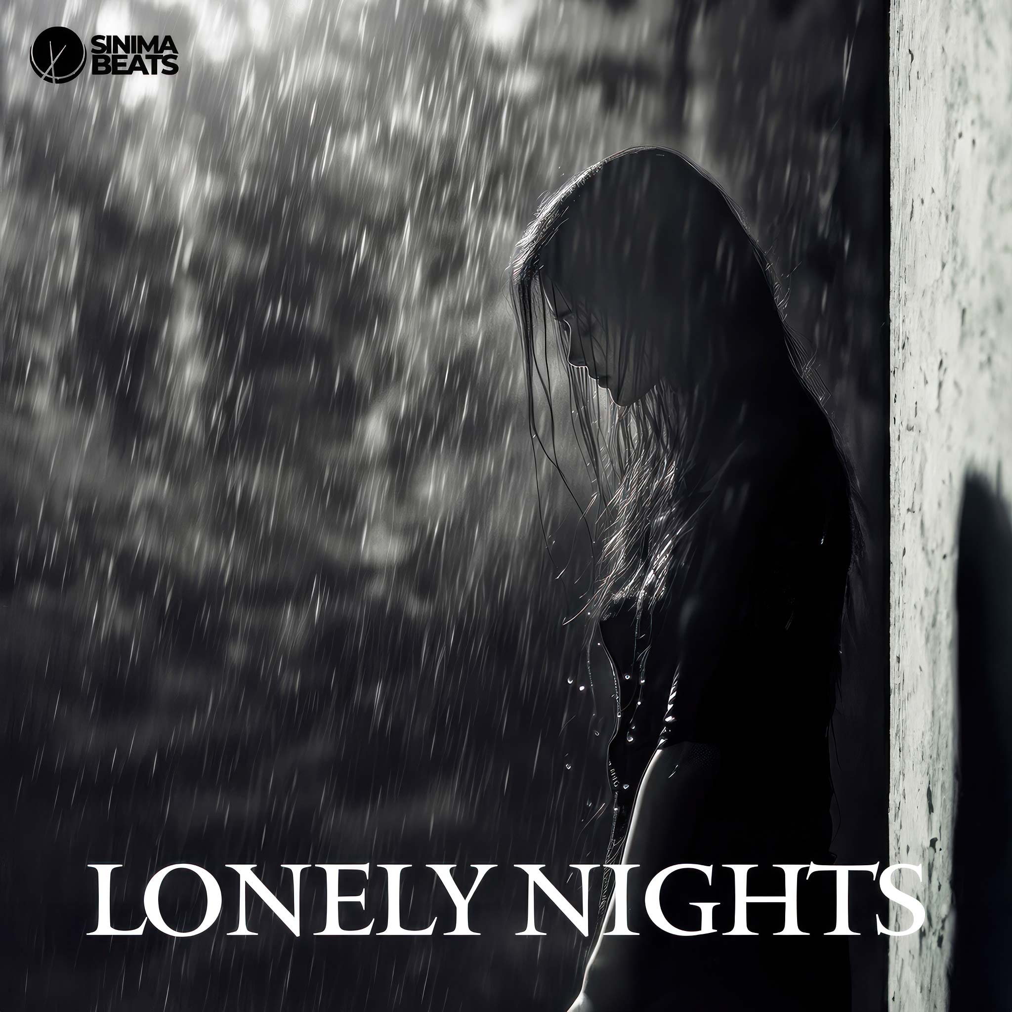 Girl with Dark Long Hair in Side Profile View, Standing in Heavy Rainfall by a Wall - Lonely Nights.