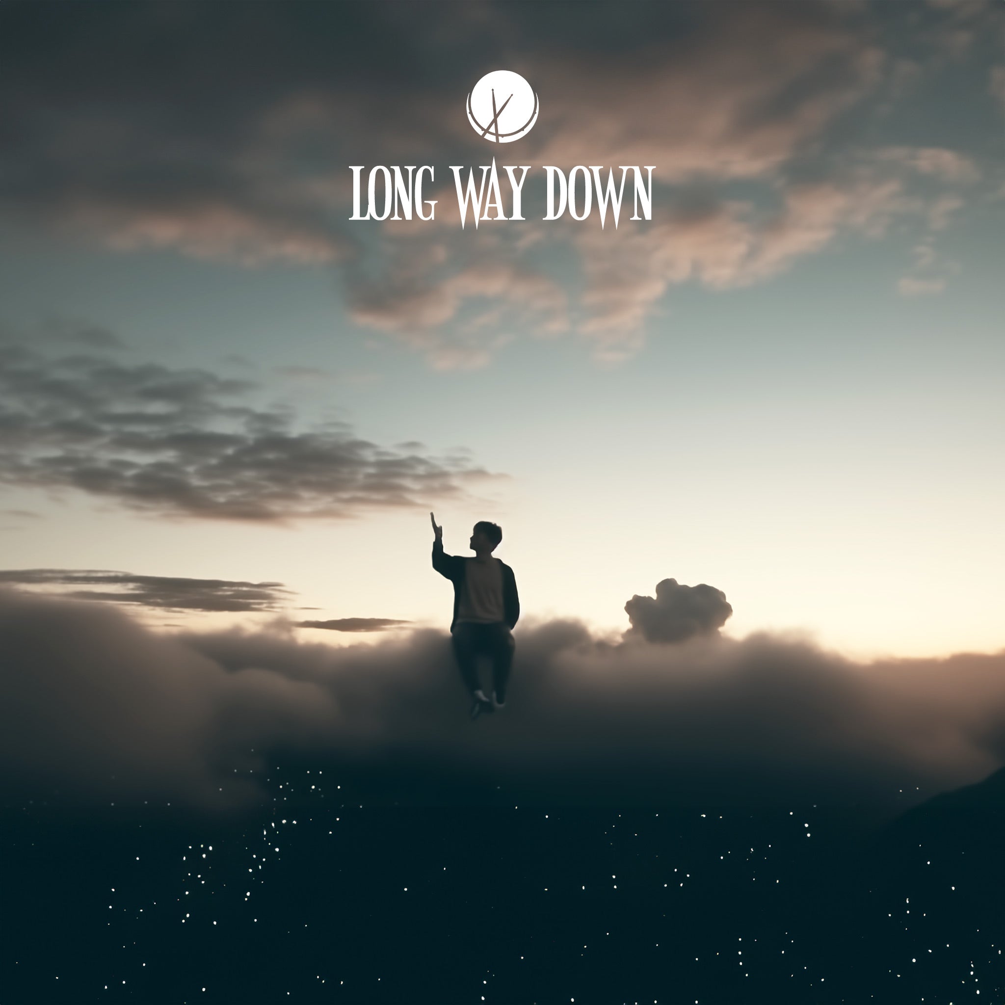 Captivating scene titled "Long Way Down" featuring a man sitting amidst clouds high in the sky, creating a dreamlike and contemplative atmosphere.