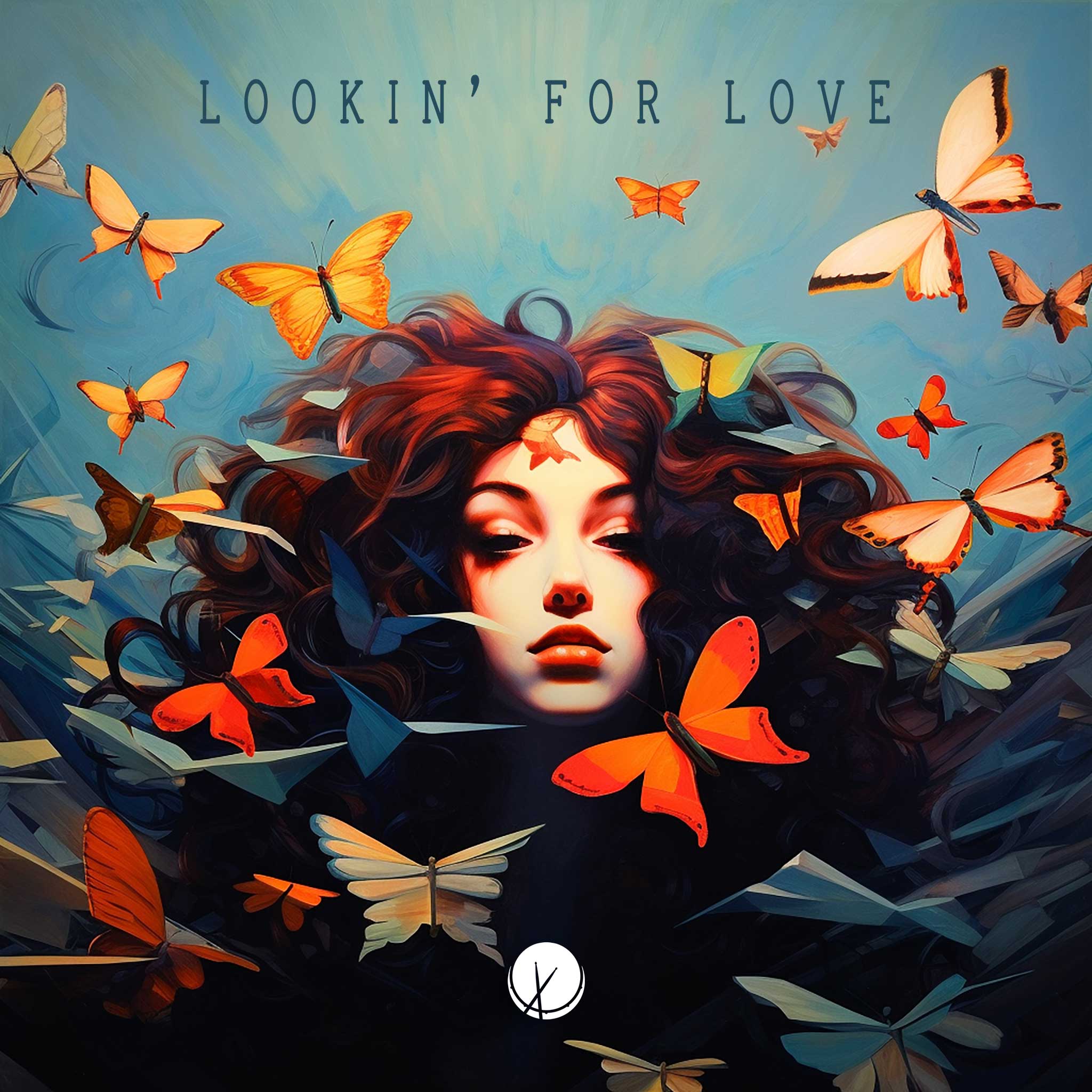 Lookin' for Love: Illustration Pop Art of Curly-Haired Brunette Woman's Face Surrounded by Butterflies of Various Colors on a Blue Background.