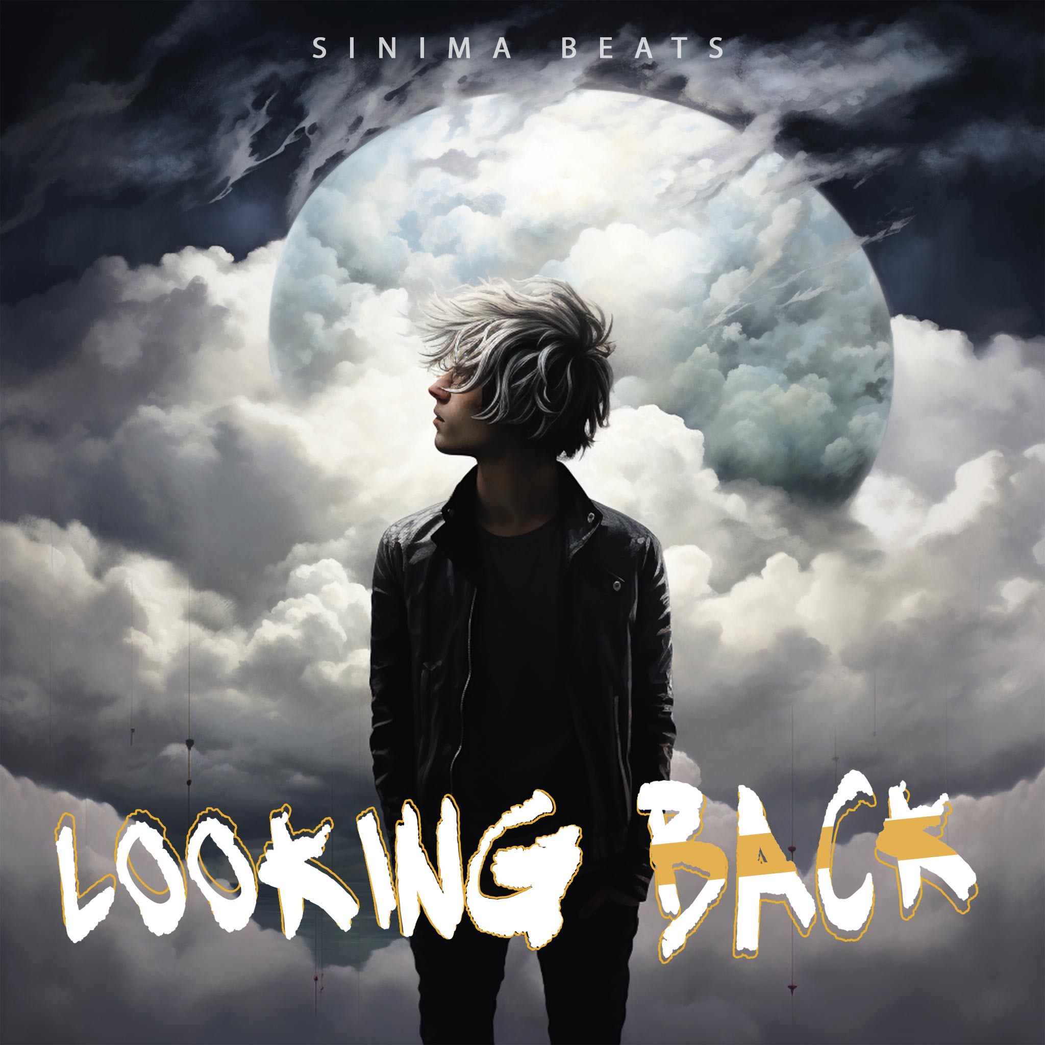 Young Man in Black Leather Jacket, Hands in Pockets, Looking to the Side, Large Moon, Cloudy Night, Illustration, Pop Cover Art. Title: "Looking Back."