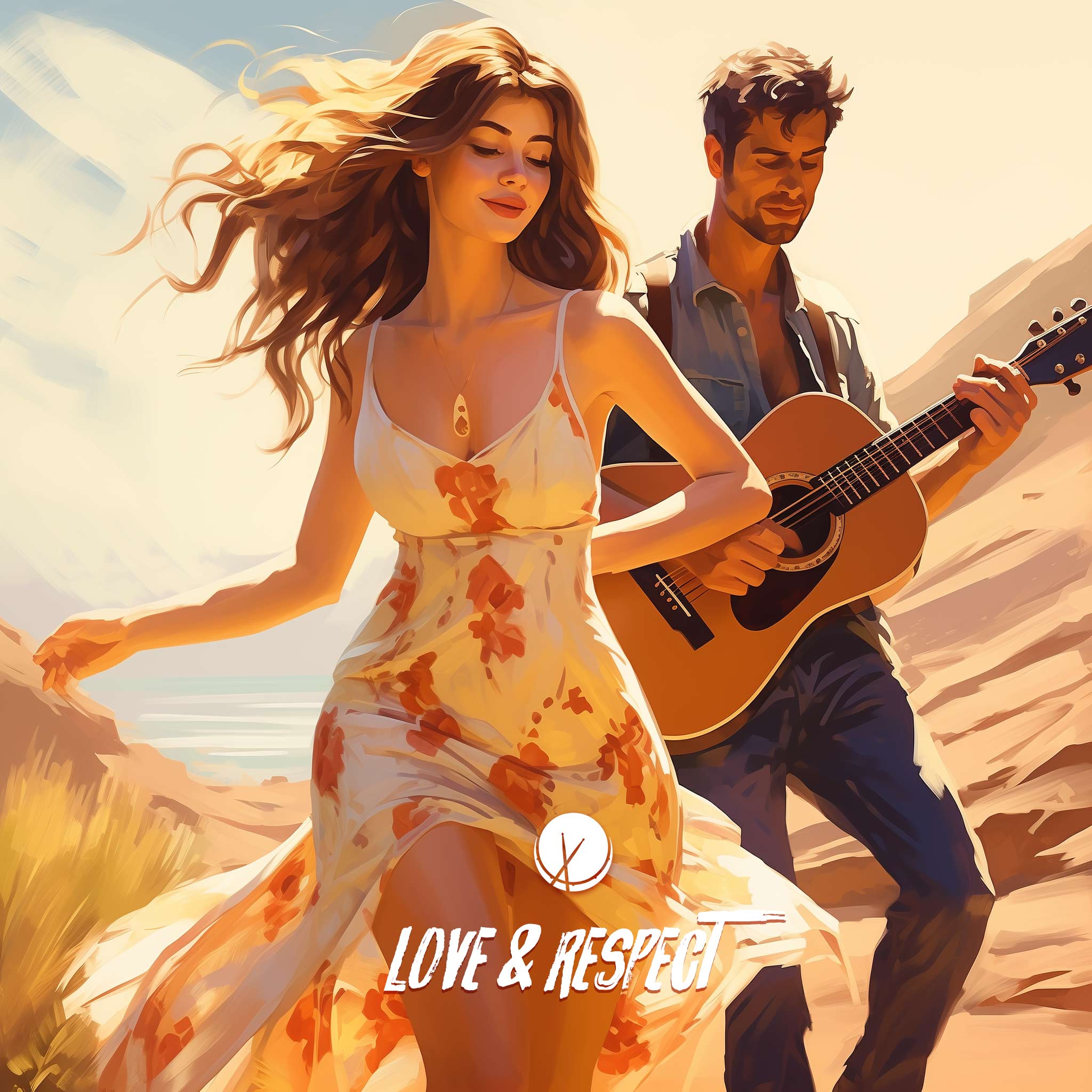 Heartwarming illustrated scene titled "Love and Respect" featuring a man holding an acoustic guitar and a beautiful, feminine woman wearing a sun dress. The atmosphere is sweet and kind, set on a sunny day with pleasant vibes.