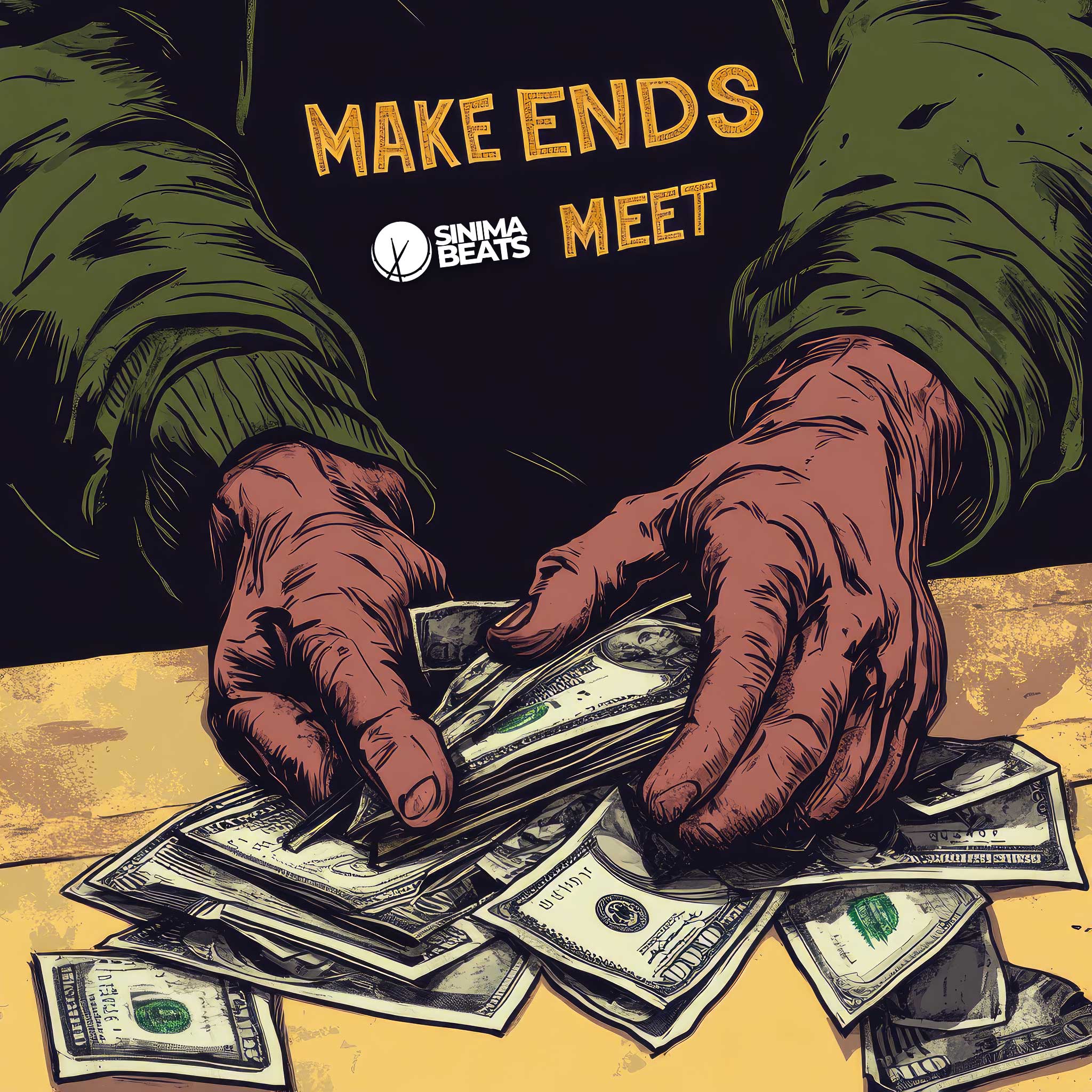 Illustration of Hands Counting Money to Depict Struggle to Pay Bills for West Coast Hip Hop Cover Art - Make Ends Meet