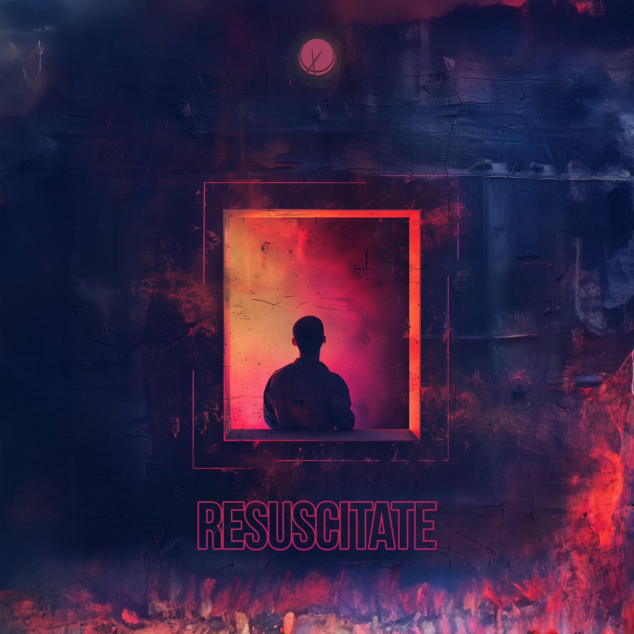 Silhouette of a man in a dramatic scene of resuscitation against a backdrop of flames and a building with textured walls, conveying urgency and action. Title: 'Resuscitate.'