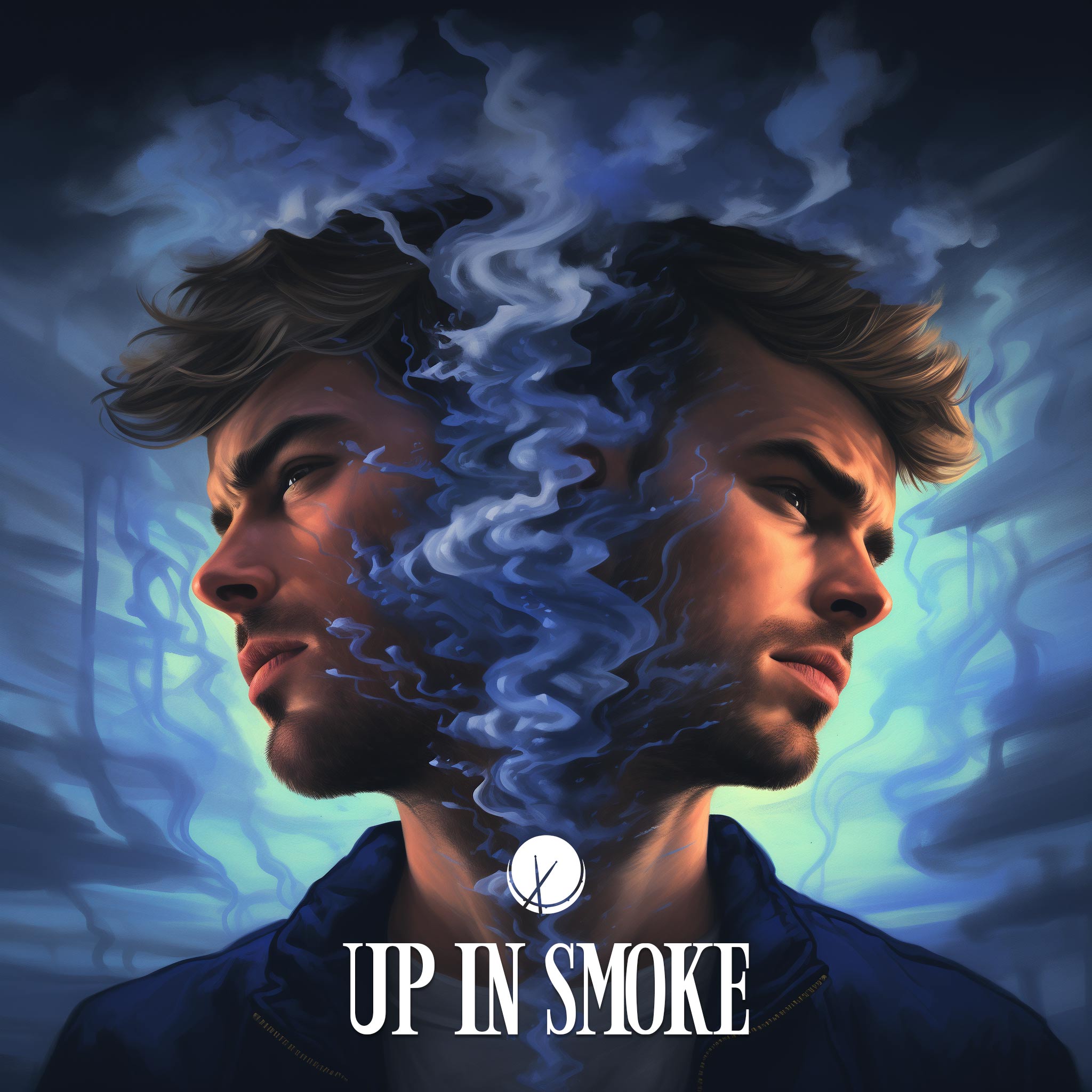 Pop rock cover art titled "Up in Smoke" featuring an image of a man splitting into two with smoke rising between them. Predominant color: blue.