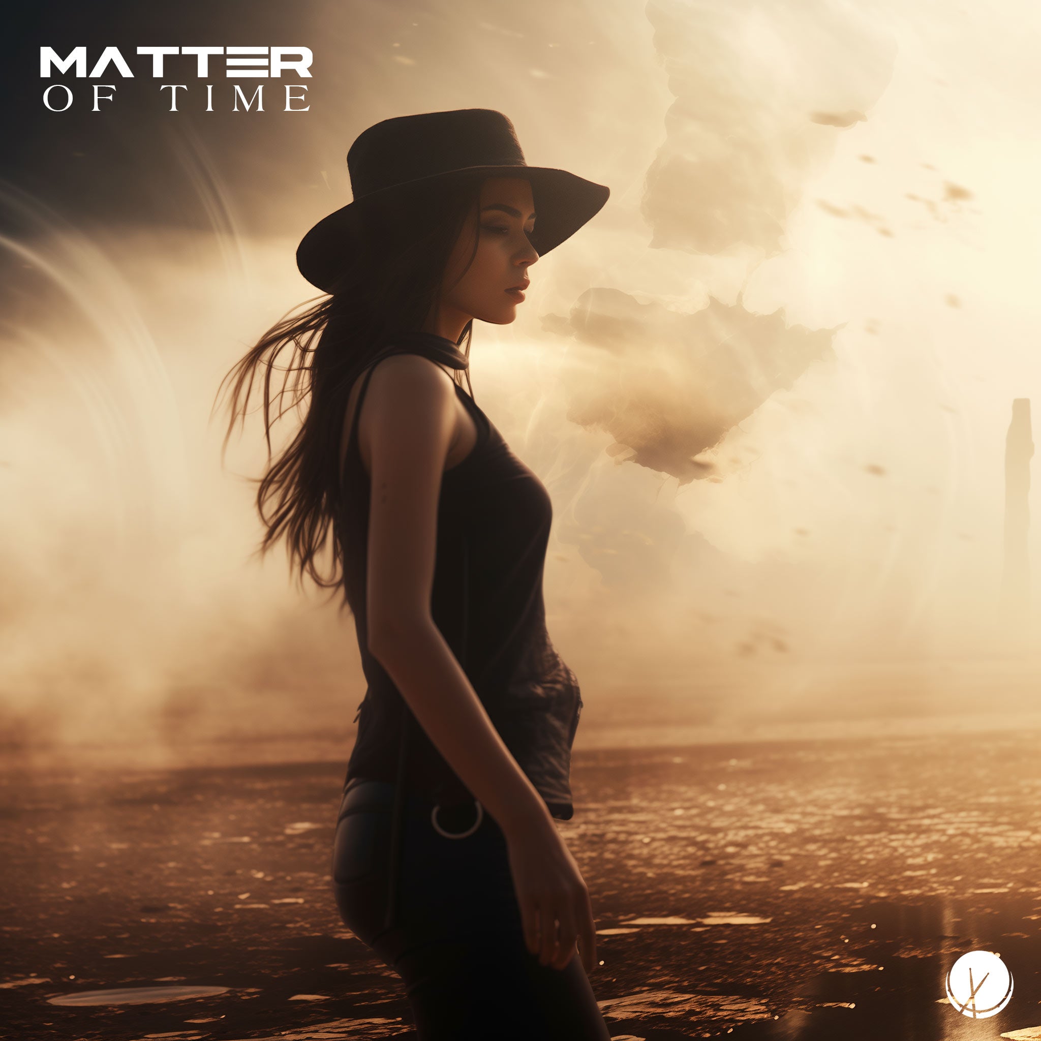 Captivating scene titled "Matter of Time" featuring a beautiful dark-haired woman. She is wearing a black tank top and tight leather pants, standing by a body of water enveloped in fog, creating a mysterious and atmospheric ambiance.