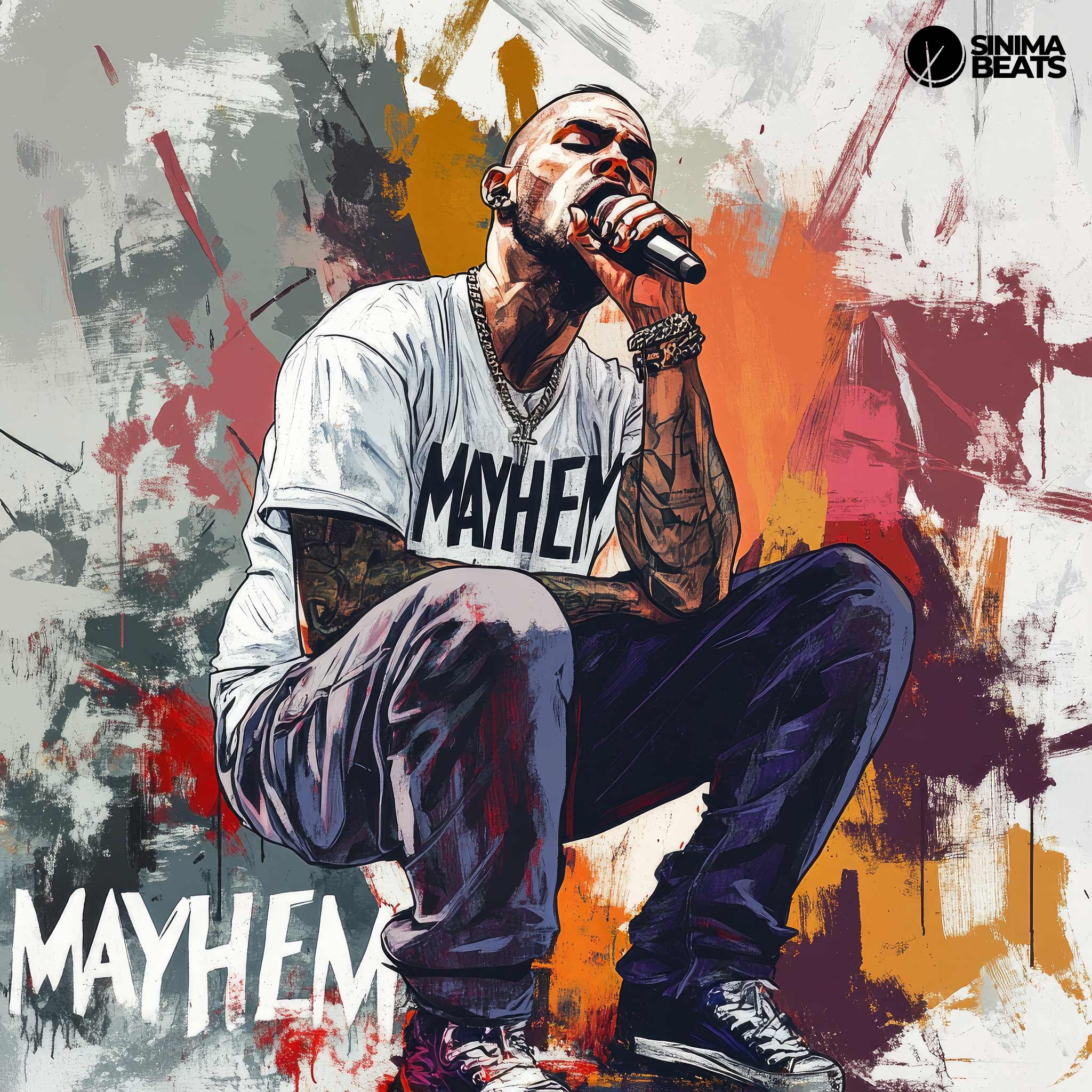 White Rapper Rapping into a Microphone with a Textured Background in Gray and Red Colors for Hip-Hop Album Cover Art - Mayhem