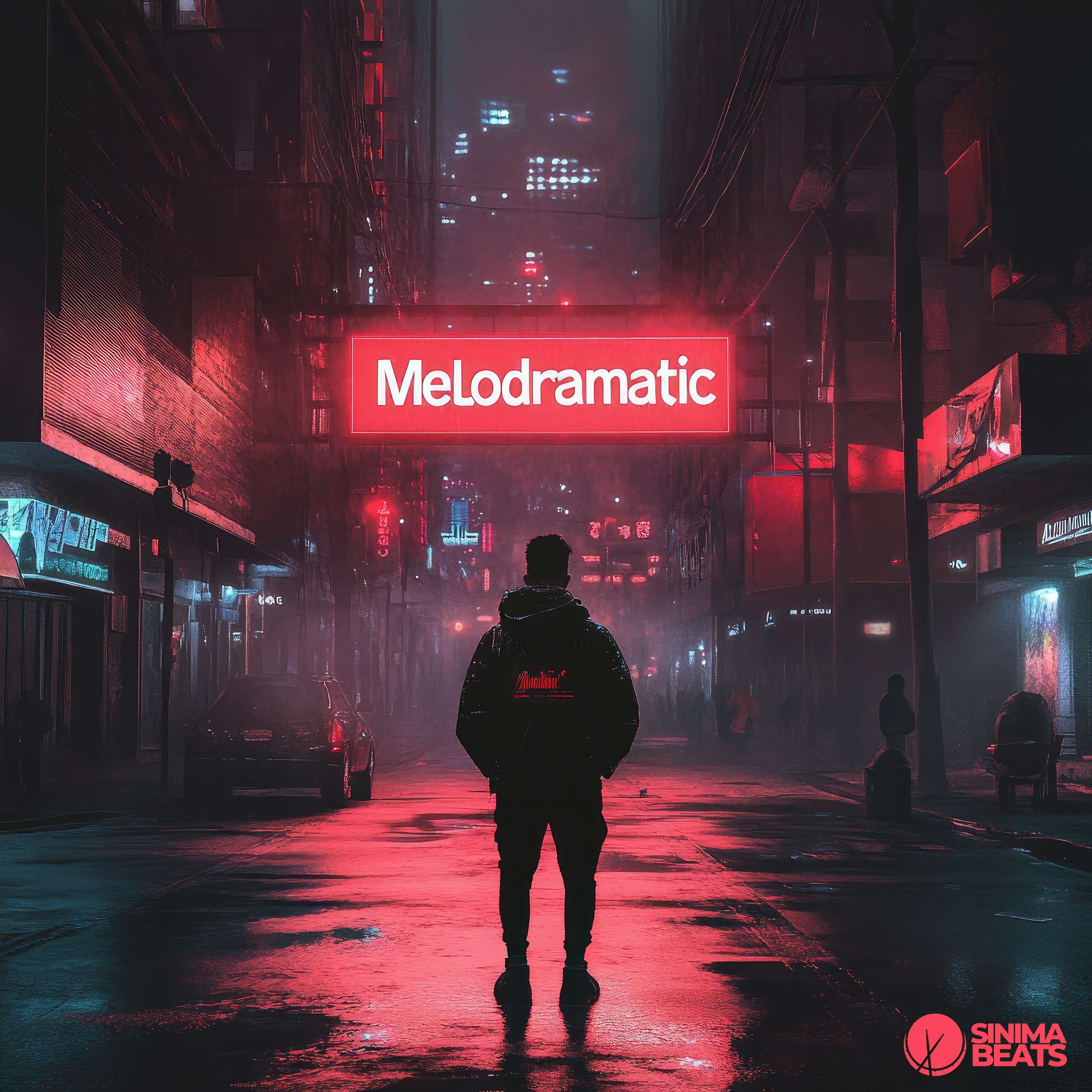 Trap Hip-Hop Cover Art with Rapper Standing in the Middle of a Street Light and Red Neon Sign, City at Nighttime - Melodramatic