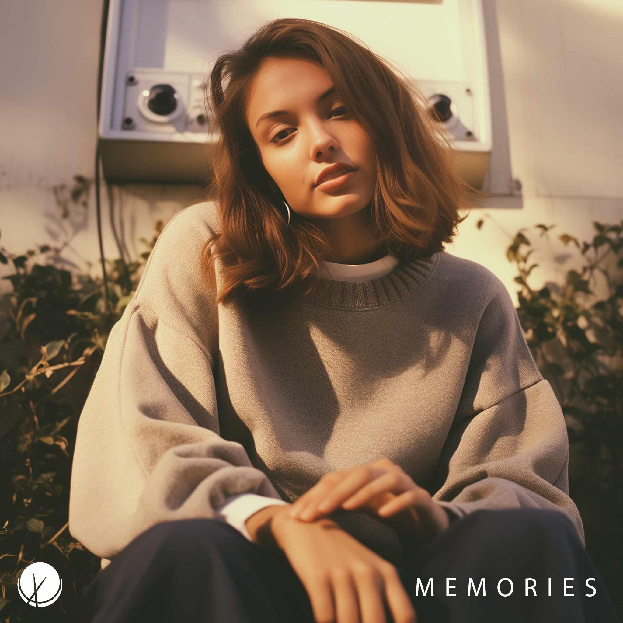 Memories: Beautiful Brunette with Short Hair, Female, Wearing an Oversized Gray Sweater and Golden Hoop Earrings. Outside of House on a Sunny Day.