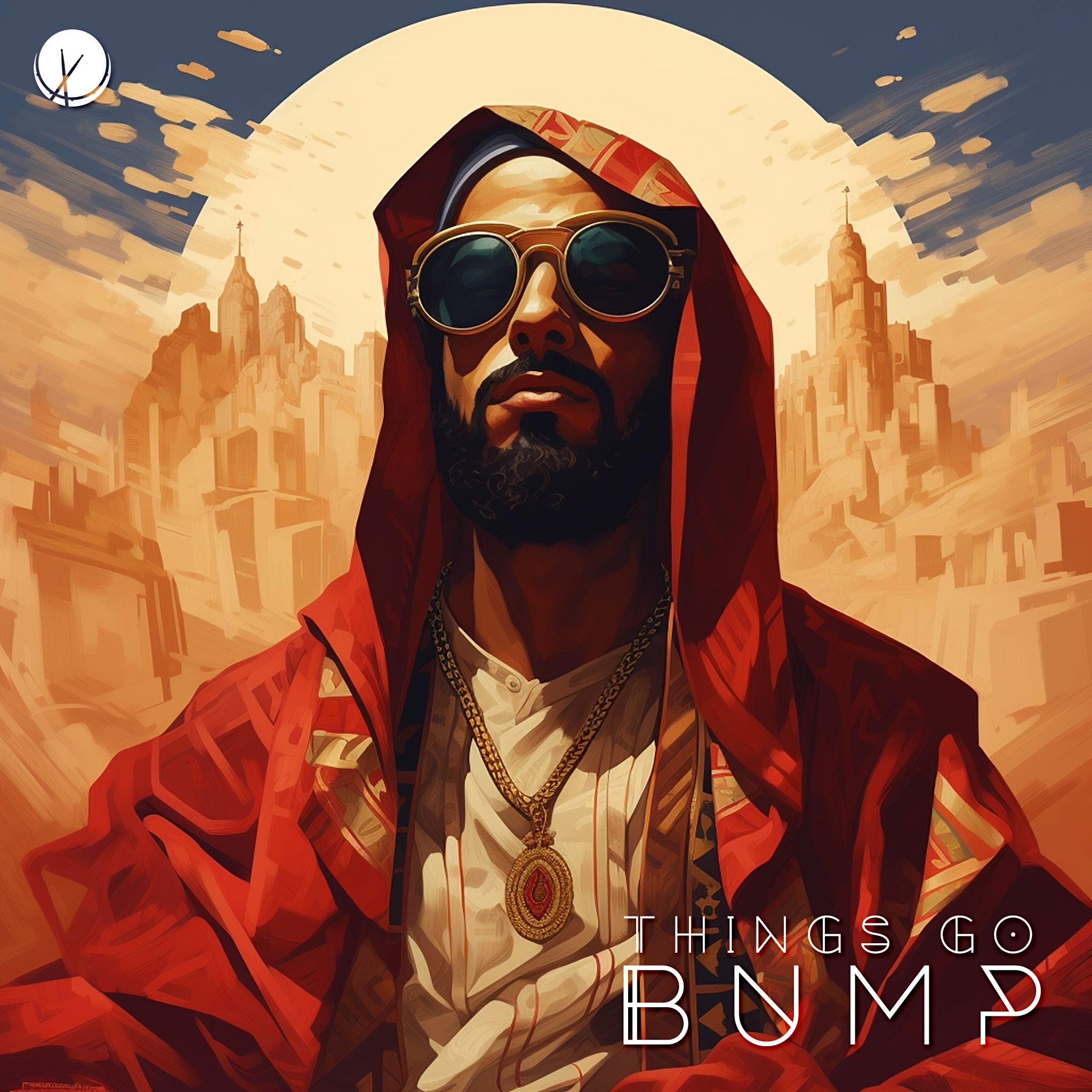 middle eastern bearded man with sunglasses and traditional clothing singing, with city in the background and desert landscape. Artwork for Arabic Hip-Hop Club cover, titled "Things Go Bump."