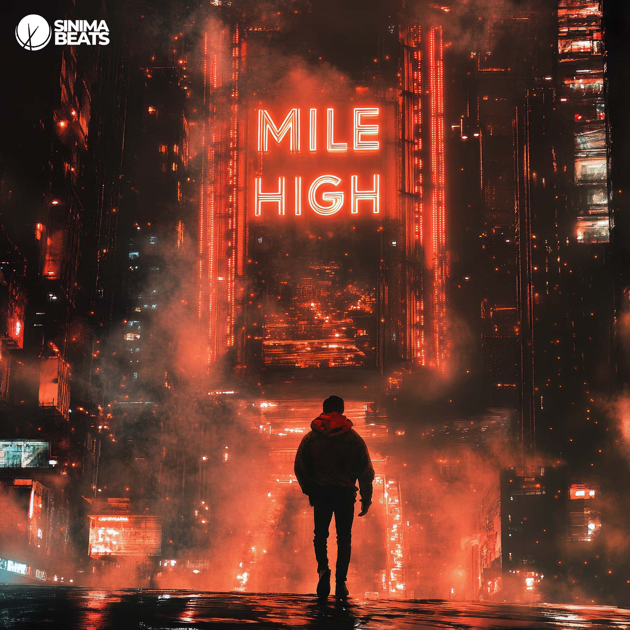 Man Walking Under Neon Sign in a Dark Futuristic City with Red Hue - Mile High