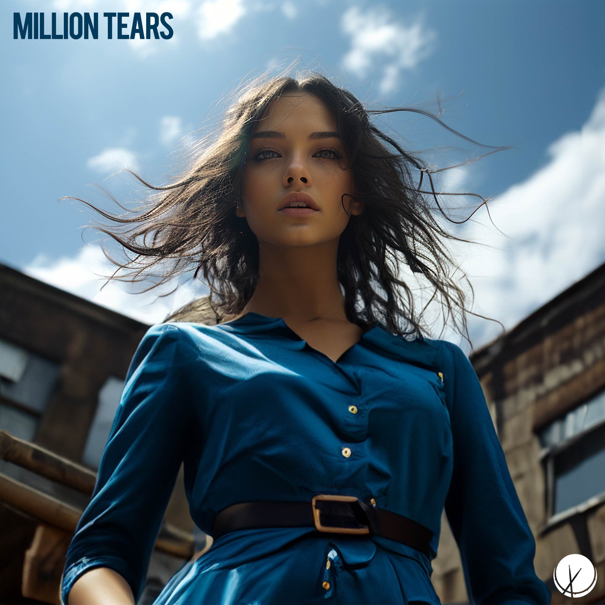 Eurasian female supermodel with black hair, wearing a blue dress in an urban setting day blue sky background. Title: Million Tears.