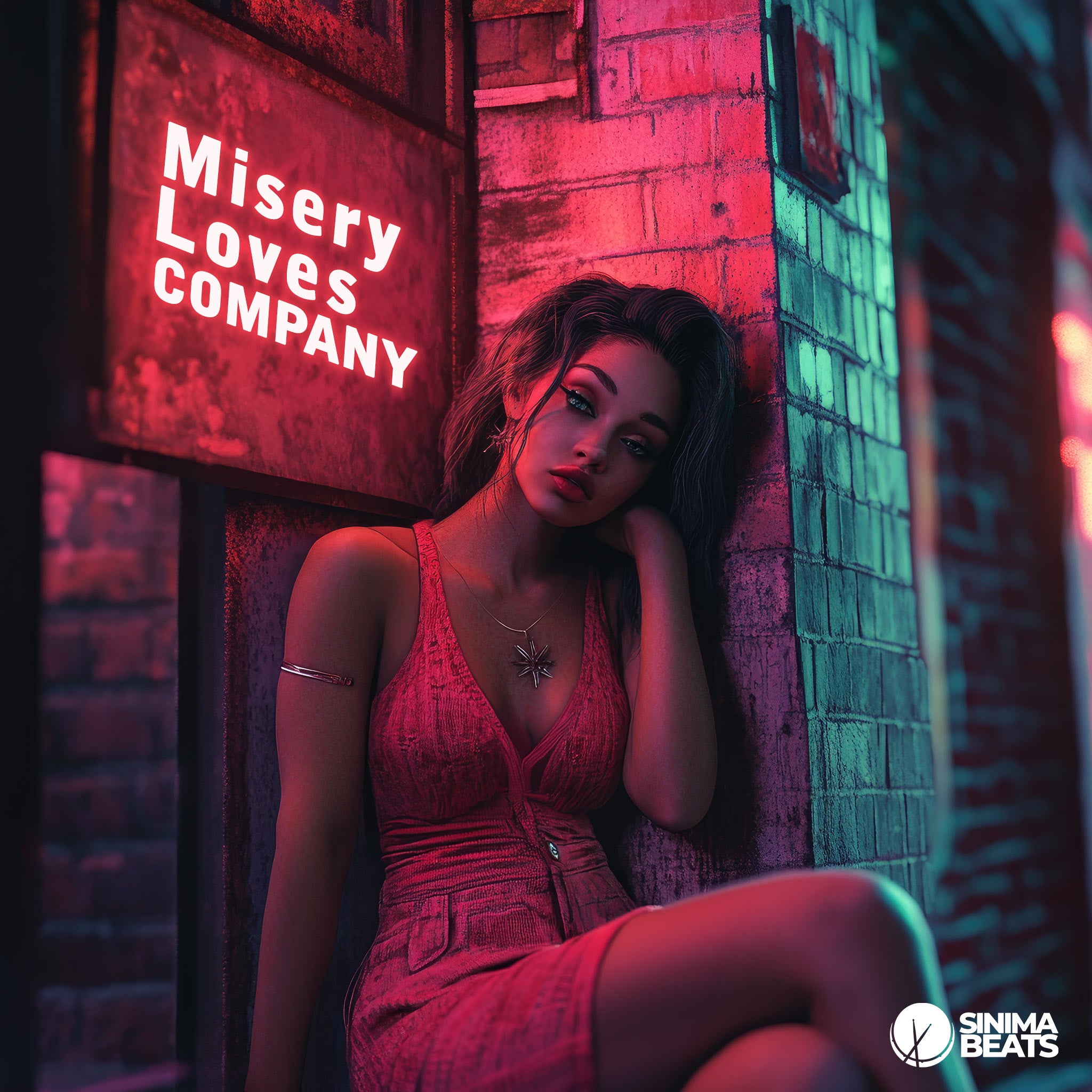 A visually striking image showcasing a photorealistic CGI scene of a lonely woman wearing a form-fitting pink outfit. She is sitting outside against a brick wall, which features a red neon-lit sign. The image is rendered in 8K, capturing intricate details of her expression and surroundings, emphasizing the theme of loneliness, depicting the expression, "Misery Loves Company."