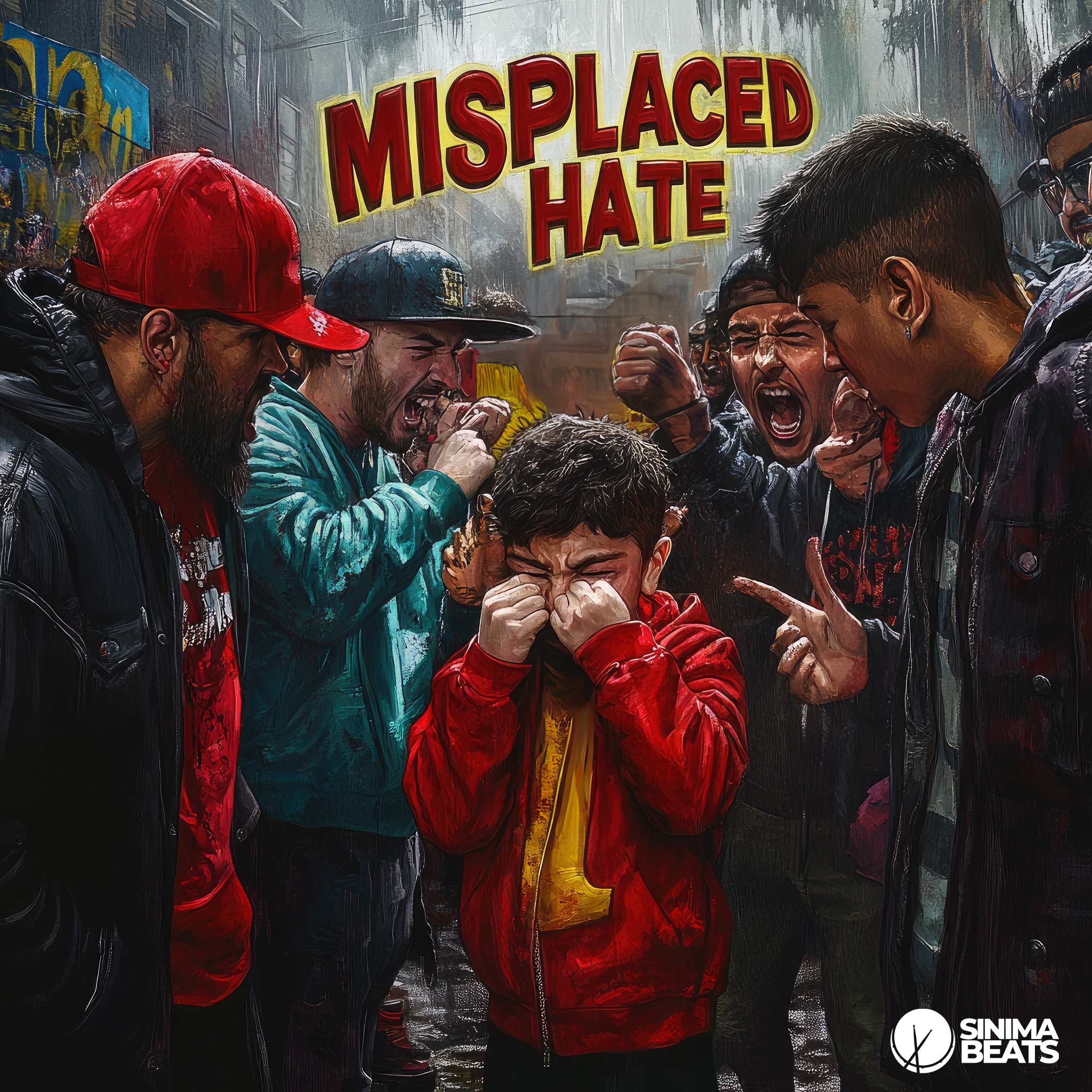 An emotionally charged illustration depicting the theme of "Misplaced Hate," where a group of people is seen yelling at each other in a heated argument. In the center, a young child looks visibly stressed and caught in the middle of the drama. The urban setting and intense expressions of the characters add to the tension, capturing the chaotic and unsettling atmosphere. This hip-hop cover art design emphasizes the impact of misplaced anger and conflict on innocent bystanders.