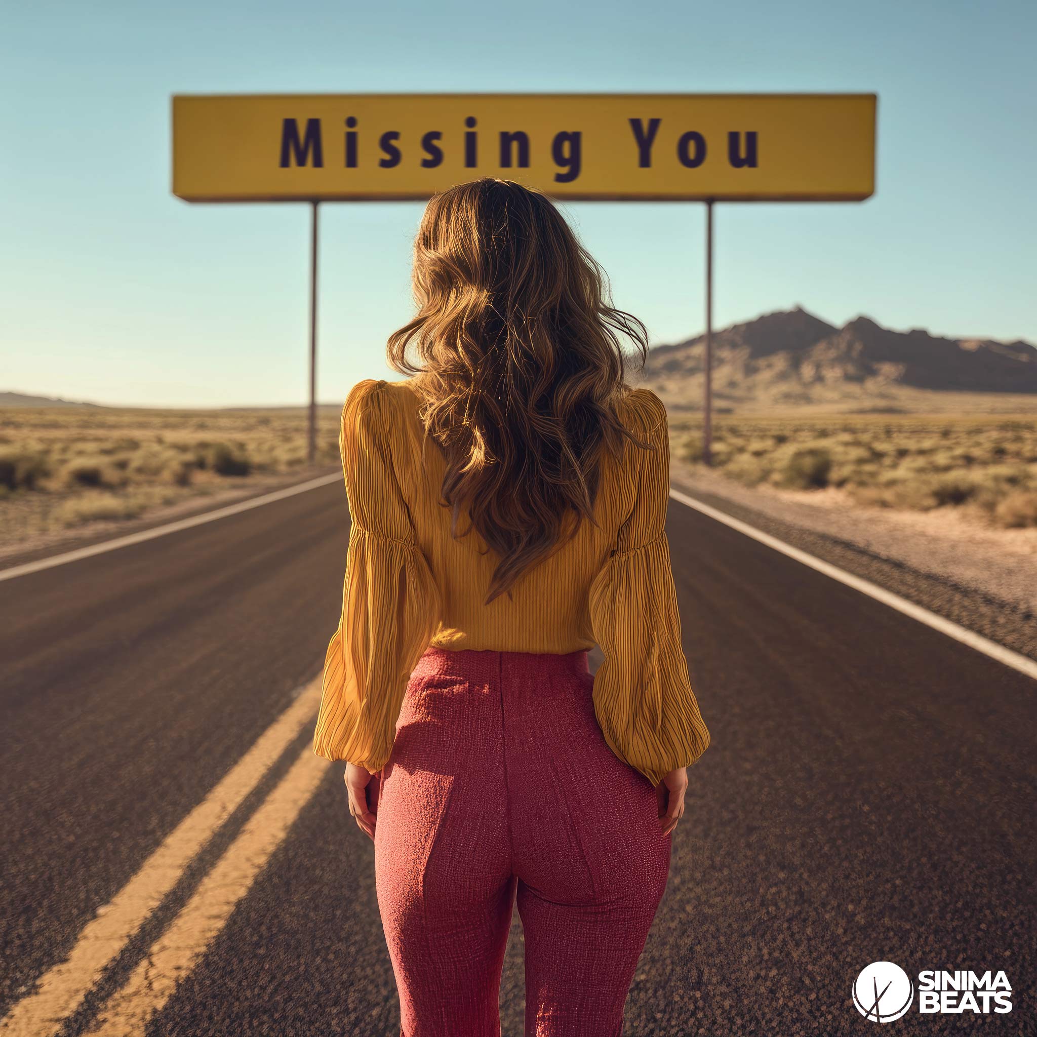 A poignant scene illustrating the theme of "Missing You," featuring a beautiful woman with blonde hair walking down a road. She is dressed in a yellow blouse and pink linen pants, evoking a sense of warmth and longing. The road symbolizes her journey to reunite with her significant other. A large yellow sign is prominently displayed in the background, adding to the visual narrative of her emotional travel. This image captures the essence of an R&B Pop Cover Art Design in a visually appealing manner.