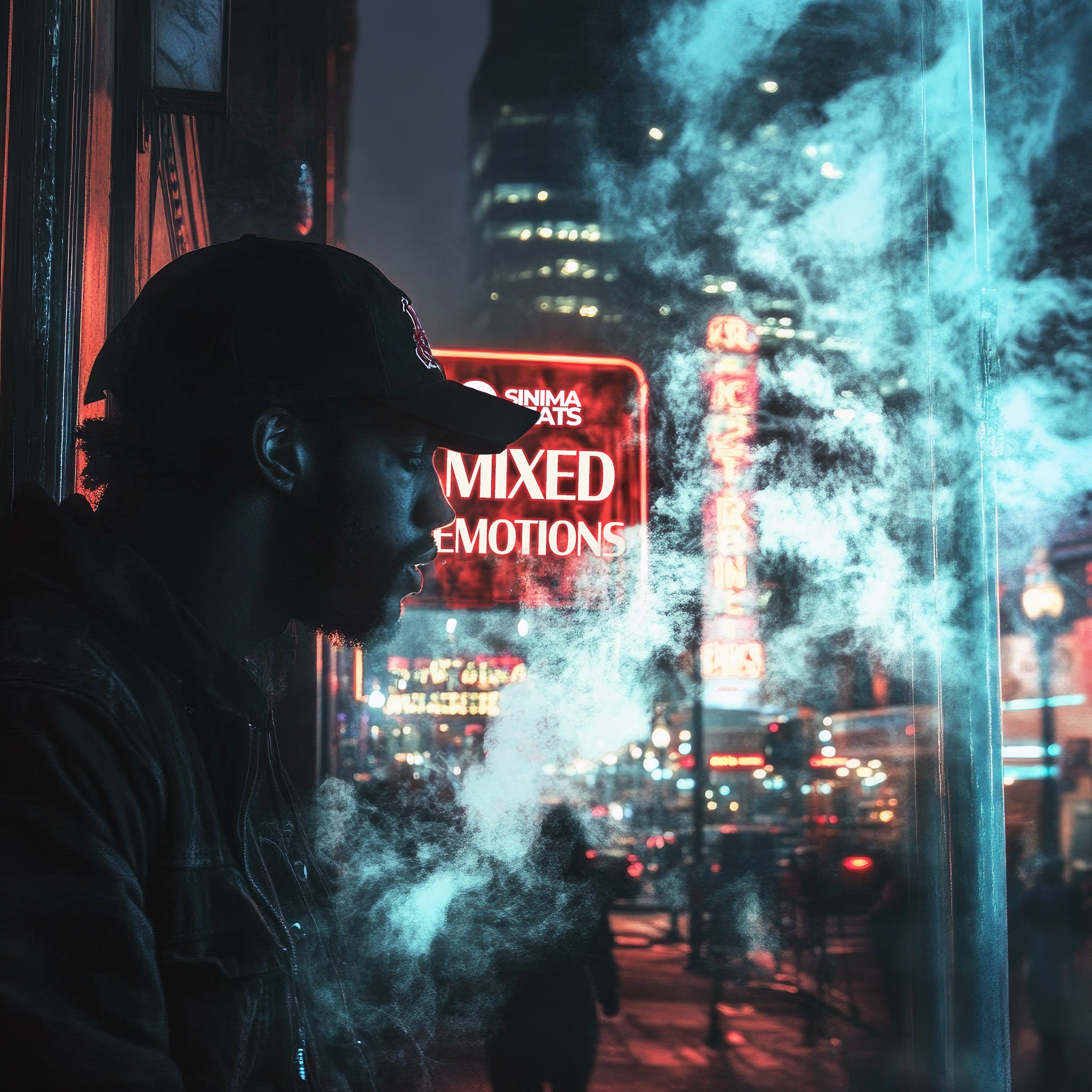 A captivating image representing the theme of "Mixed Emotions" for an alternative trap cover art. The scene features a black man in a side view, wearing a baseball cap, standing in a well-lit city at nighttime. Smoke rises around him, adding an air of mystery and contemplation to the atmosphere, emphasizing the complexity of emotions he experiences. The city's bright lights provide a vibrant contrast to the darker elements.