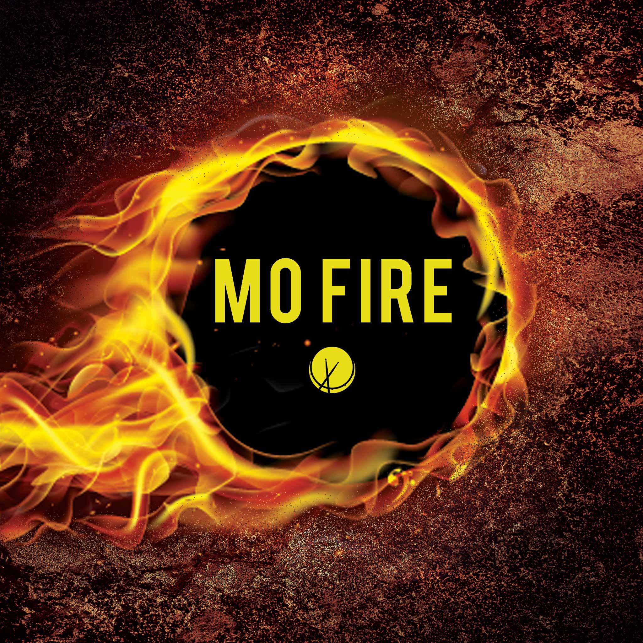 Fiery design titled "Mo Fire" featuring a textured red background with flames. A circle with title text is centered in yellow, creating a dynamic and intense composition - Reggae Cover Art.