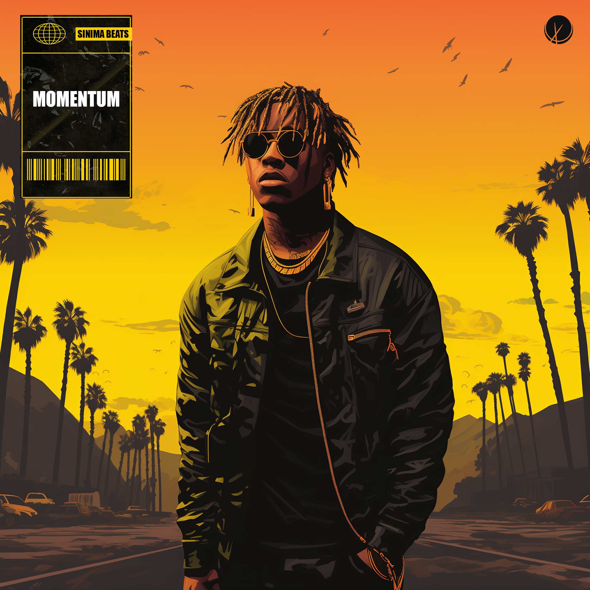 Momentum: Young Rapper with Dreads and Sunglasses, Wearing Black Bomber Jacket, Gold Chains and Earrings - California Background, Yellow and Orange Colors, Palm Trees.