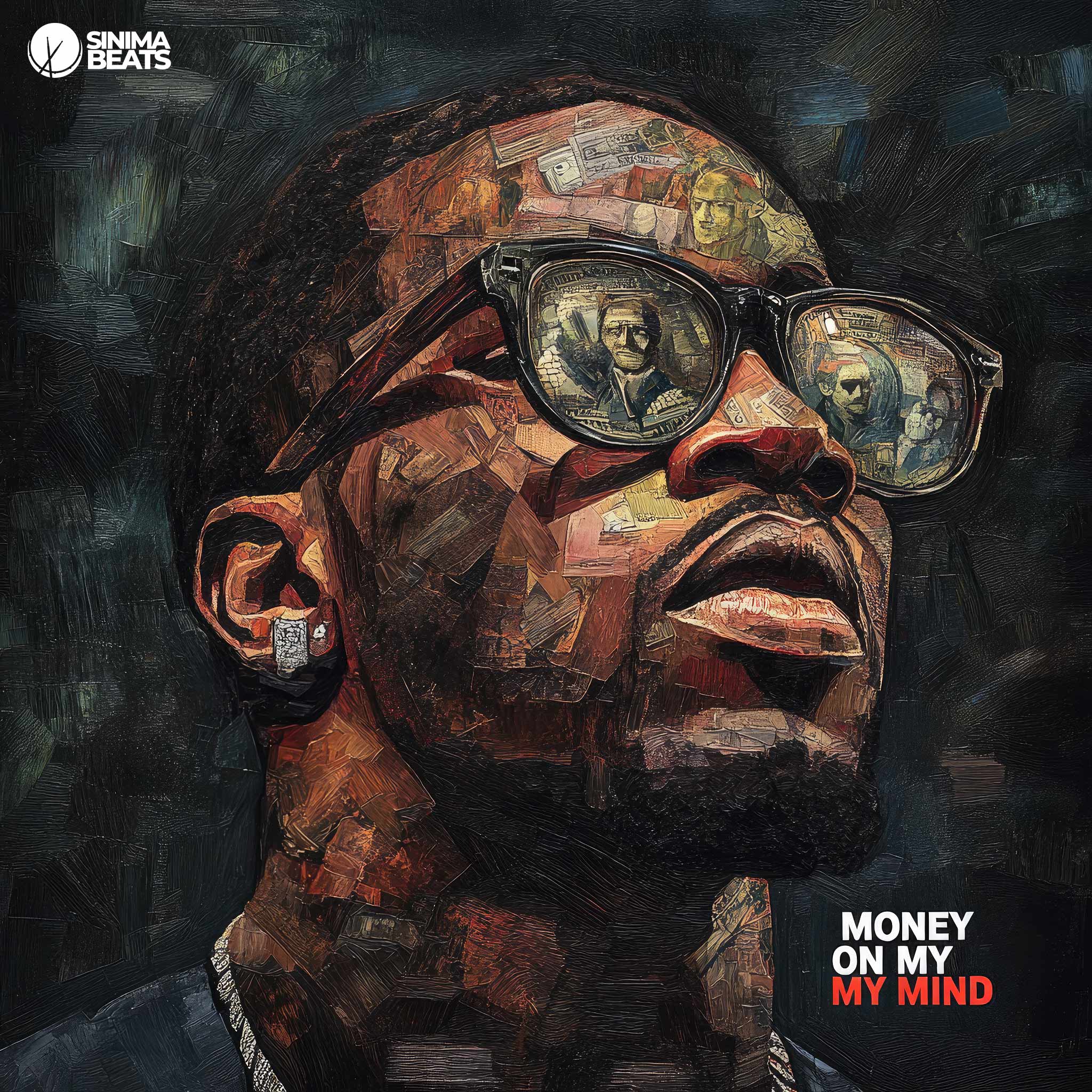 An intriguing "Money on My Mind" hip-hop cover art design features a painting-like illustration of a close-up view of a rapper. The rapper, wearing sunglasses, is depicted with the reflections of money visible in the lenses. This visual captures the essence of ambition and financial focus, with a creative artistic style that emphasizes the rapper's intense expression and the prominent theme of wealth and success.