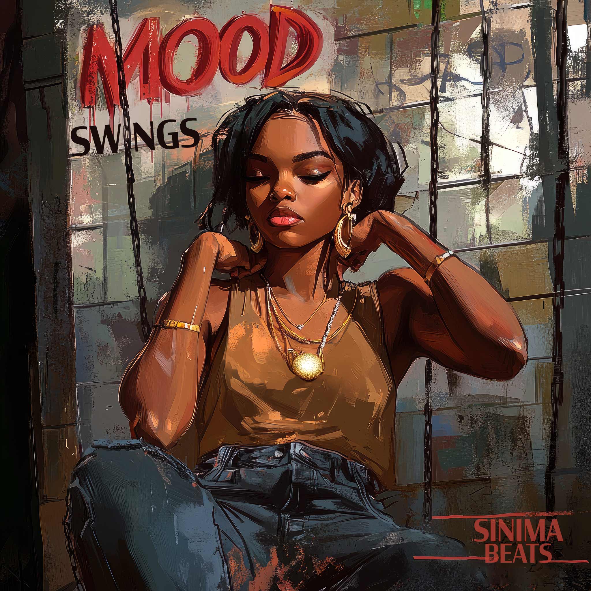 A captivating illustration titled "Mood Swings" features a beautiful Black woman sitting on a low swing. She is wearing a brown tank top, blue jeans, and gold and silver jewelry. Her eyes are closed, and her expression is poignant, capturing a moment of introspection or emotional depth. The artwork emphasizes the themes of mood and reflection, highlighted by the woman's serene pose and thoughtful demeanor.