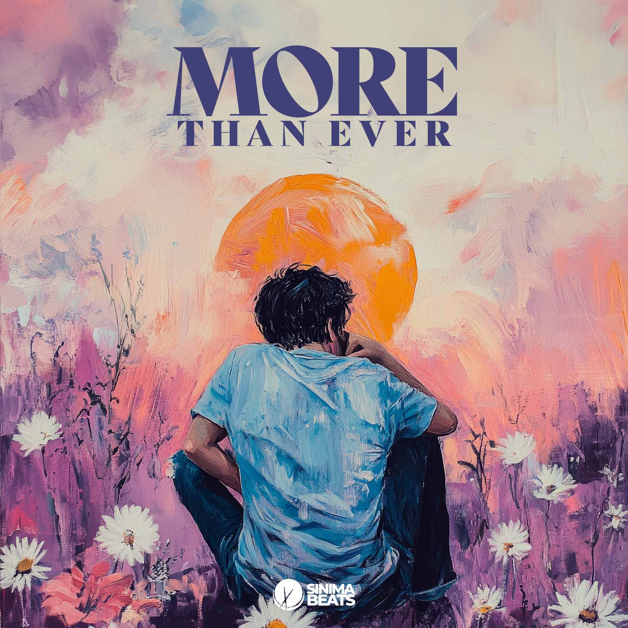 An evocative painting-style image titled "More Than Ever" portrays a young man sitting alone in a field of dandelions, expressing a deep sense of longing for someone. The pop-rock cover art design captures the emotional depth and solitude of the scene, with the expansive field emphasizing the man's isolation and the dandelions symbolizing fleeting moments of hope. The artwork effectively conveys the theme of yearning and personal reflection.