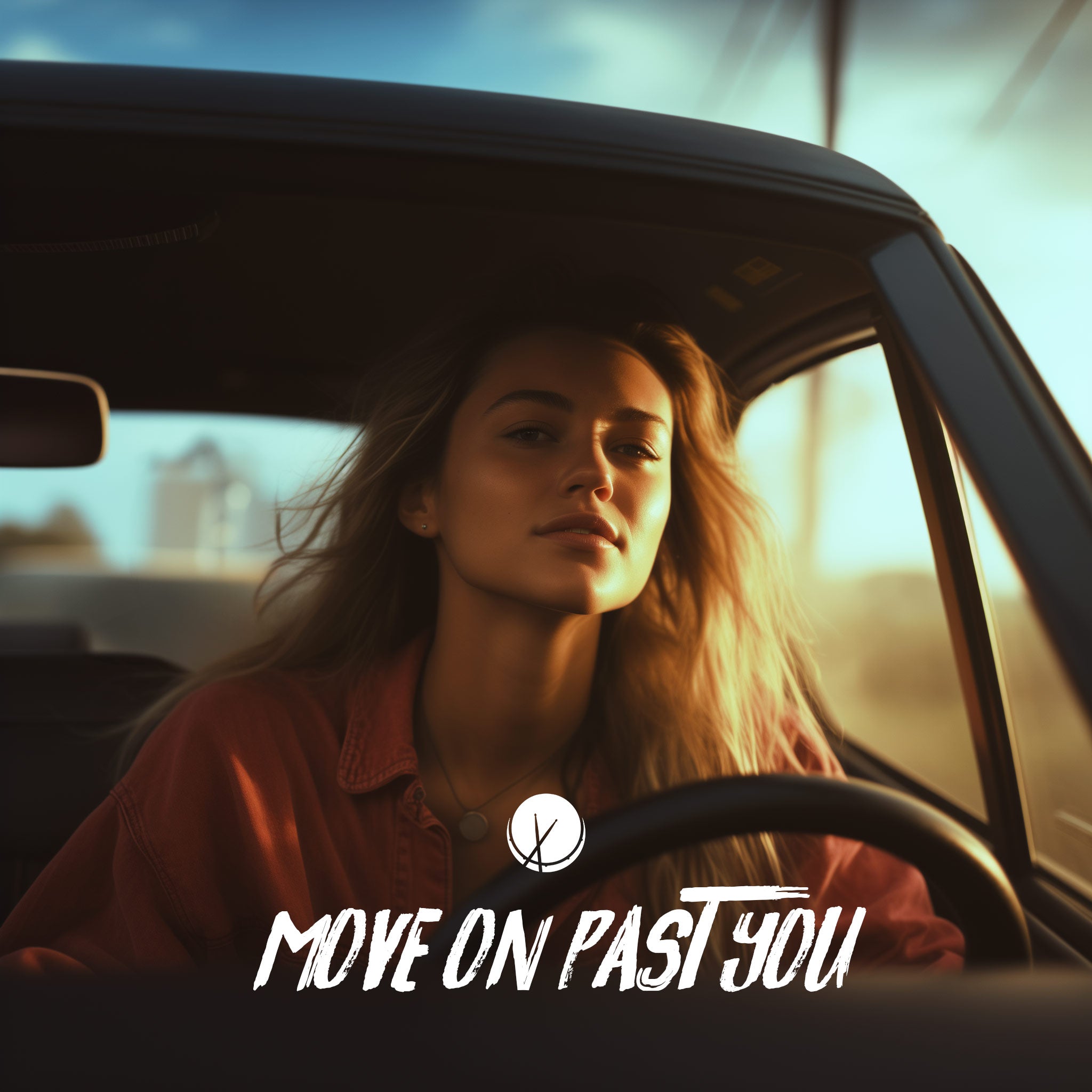 Empowering scene titled "Move On Past You" featuring a college girl driving a sports car, symbolizing leaving the past behind and embracing a new journey.