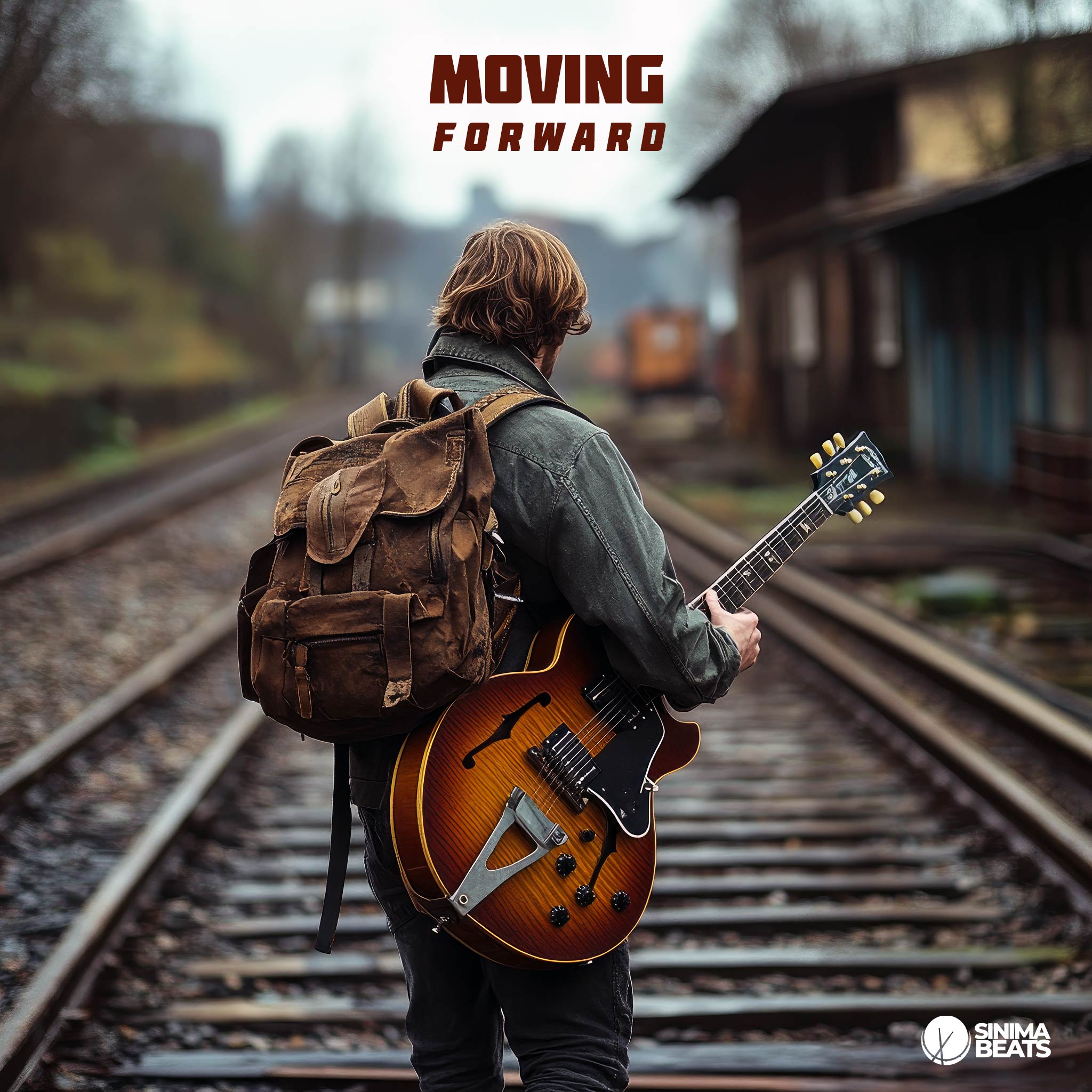 A striking image of a man standing on railroad tracks during the daytime, carrying a backpack and electric guitar, symbolizing the journey of moving forward. His posture and the open tracks ahead emphasize the idea of heading towards a new and better beginning. The scene captures the essence of change and progress, perfectly fitting the theme of an alternative rock cover art, titled "Moving Forward."