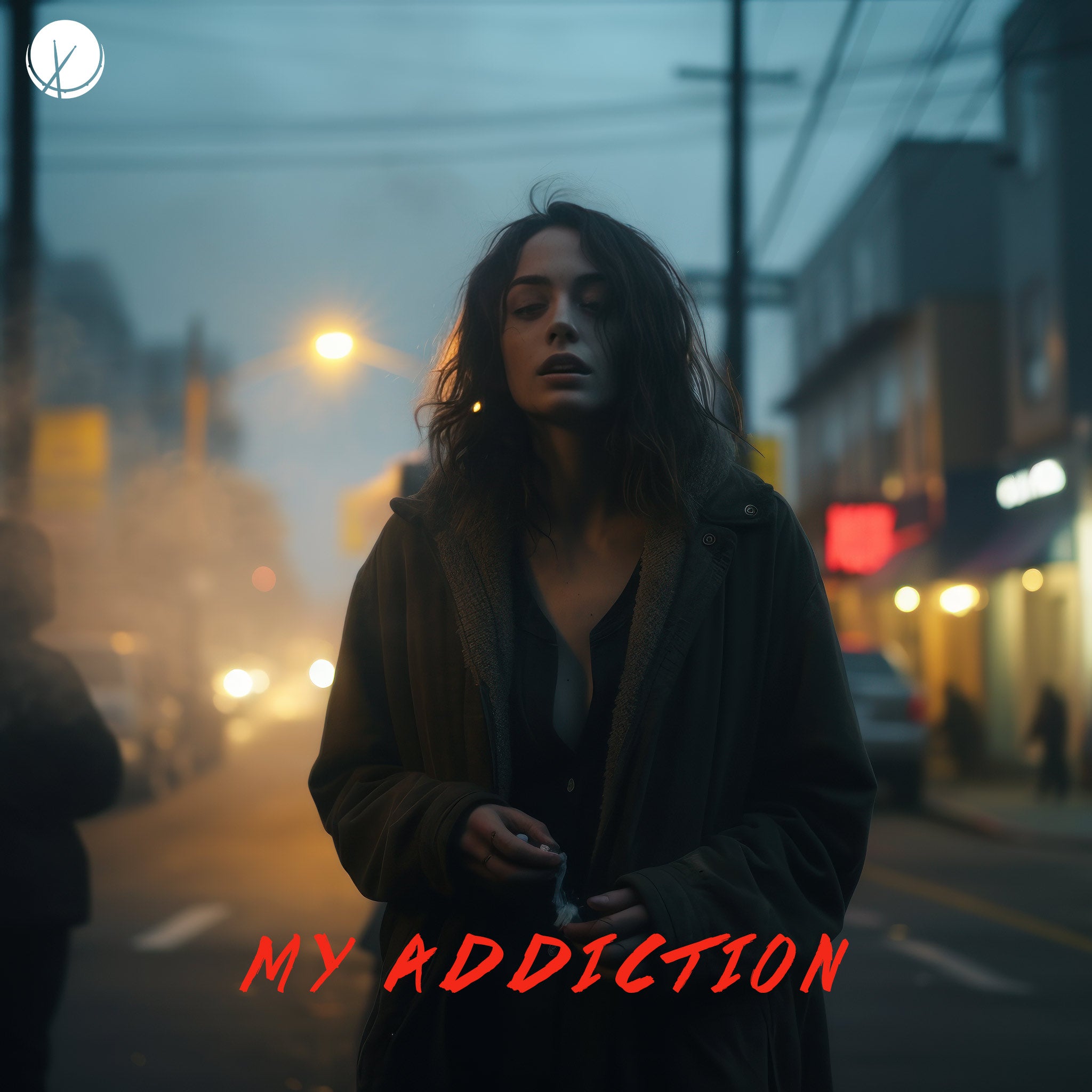 Compelling scene titled "My Addiction" featuring a woman standing in the street, appearing to be a drug addict experiencing withdrawal symptoms. The setting is in San Francisco, capturing a poignant moment of struggle.