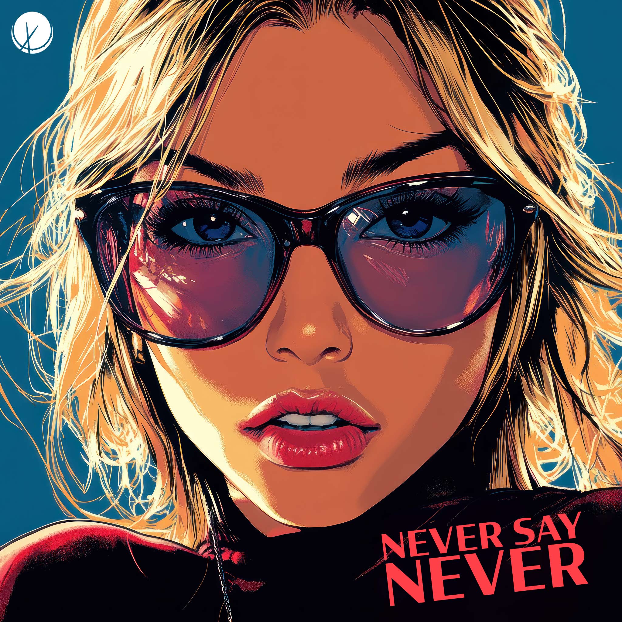 A high-quality illustration depicts a close-up of a blonde woman wearing sunglasses against a blue background. The image captures the woman's confident expression and stylish appearance, reflecting the theme of persistence and determination embodied in the phrase "Never Say Never." The vibrant blue backdrop contrasts with her features, highlighting the boldness and resolve conveyed through her demeanor.